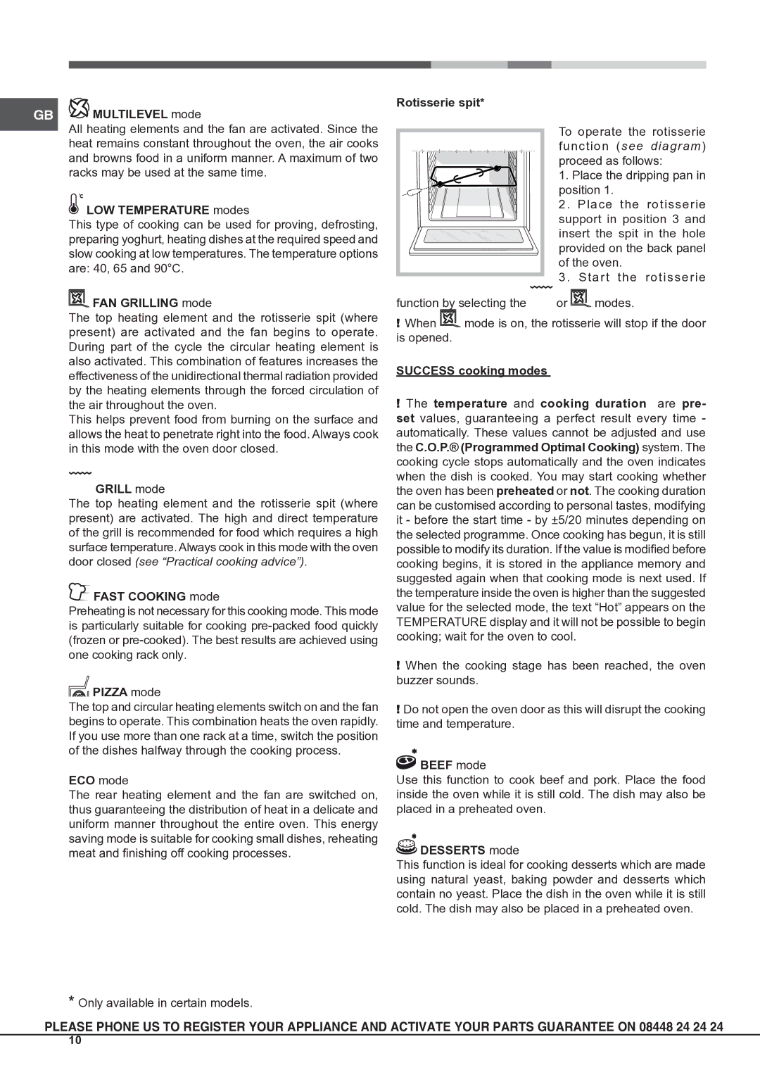 Hotpoint OSHS89ED GB Multilevel mode, LOW Temperature modes, FAN Grilling mode, Grill mode, Fast Cooking mode, Pizza mode 