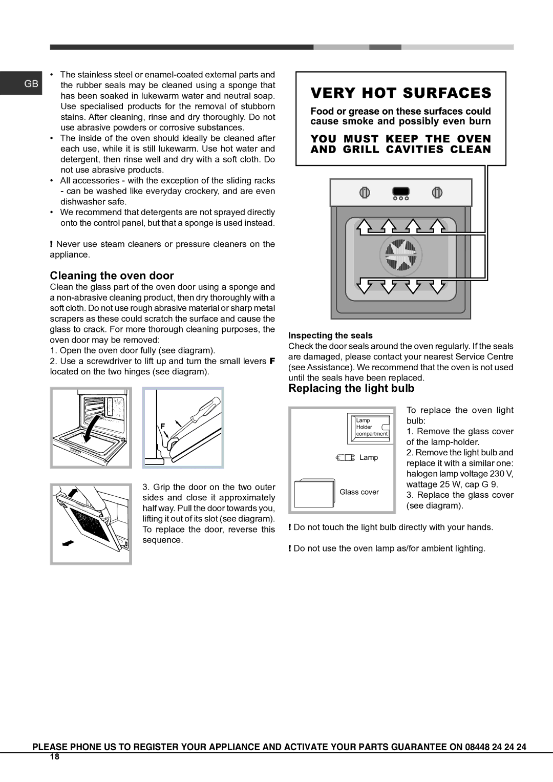 Hotpoint OSHS89EDC manual Cleaning the oven door, Replacing the light bulb, Inspecting the seals 