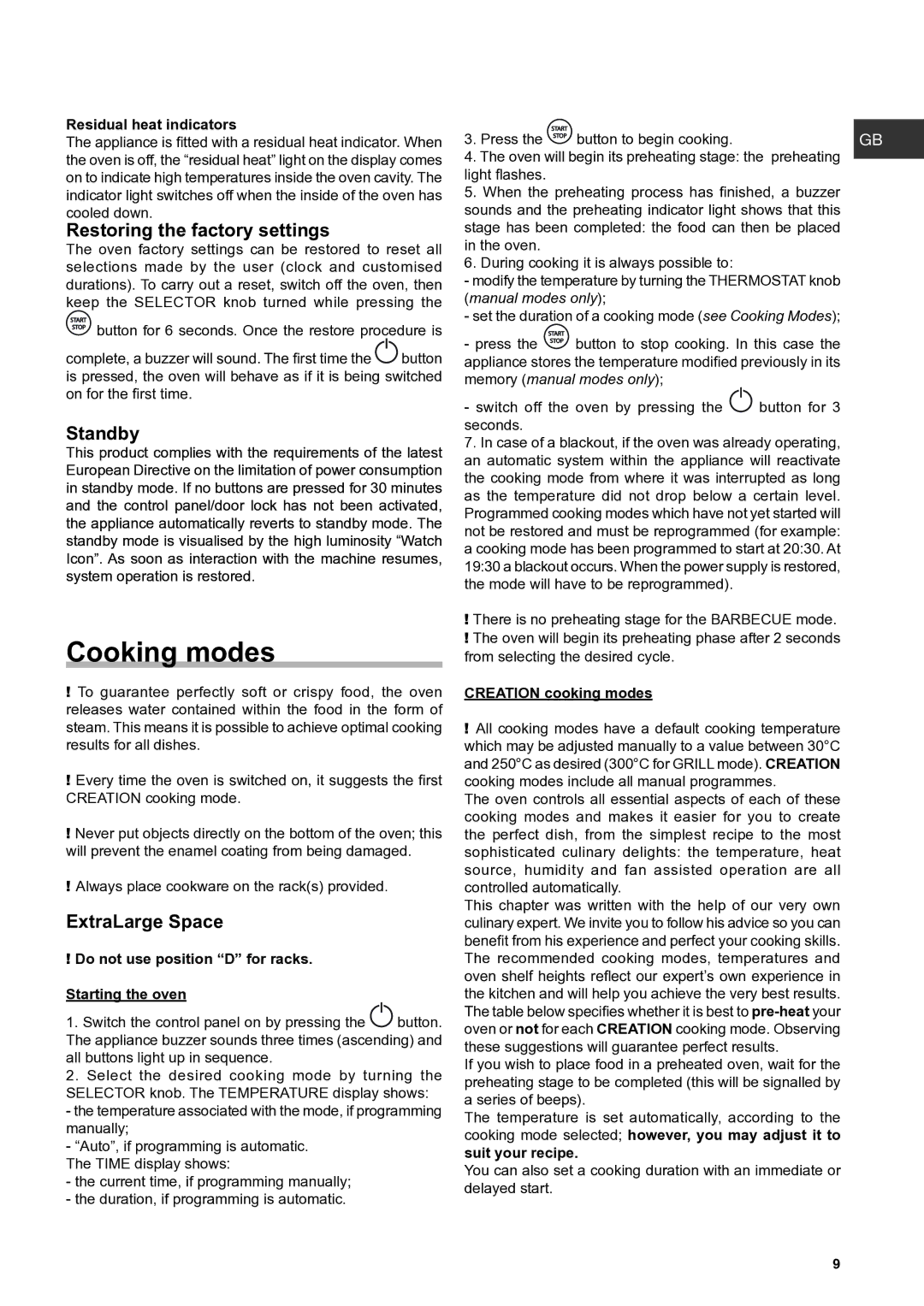 Hotpoint OSHS89EDC manual Cooking modes, Restoring the factory settings, Standby, ExtraLarge Space 