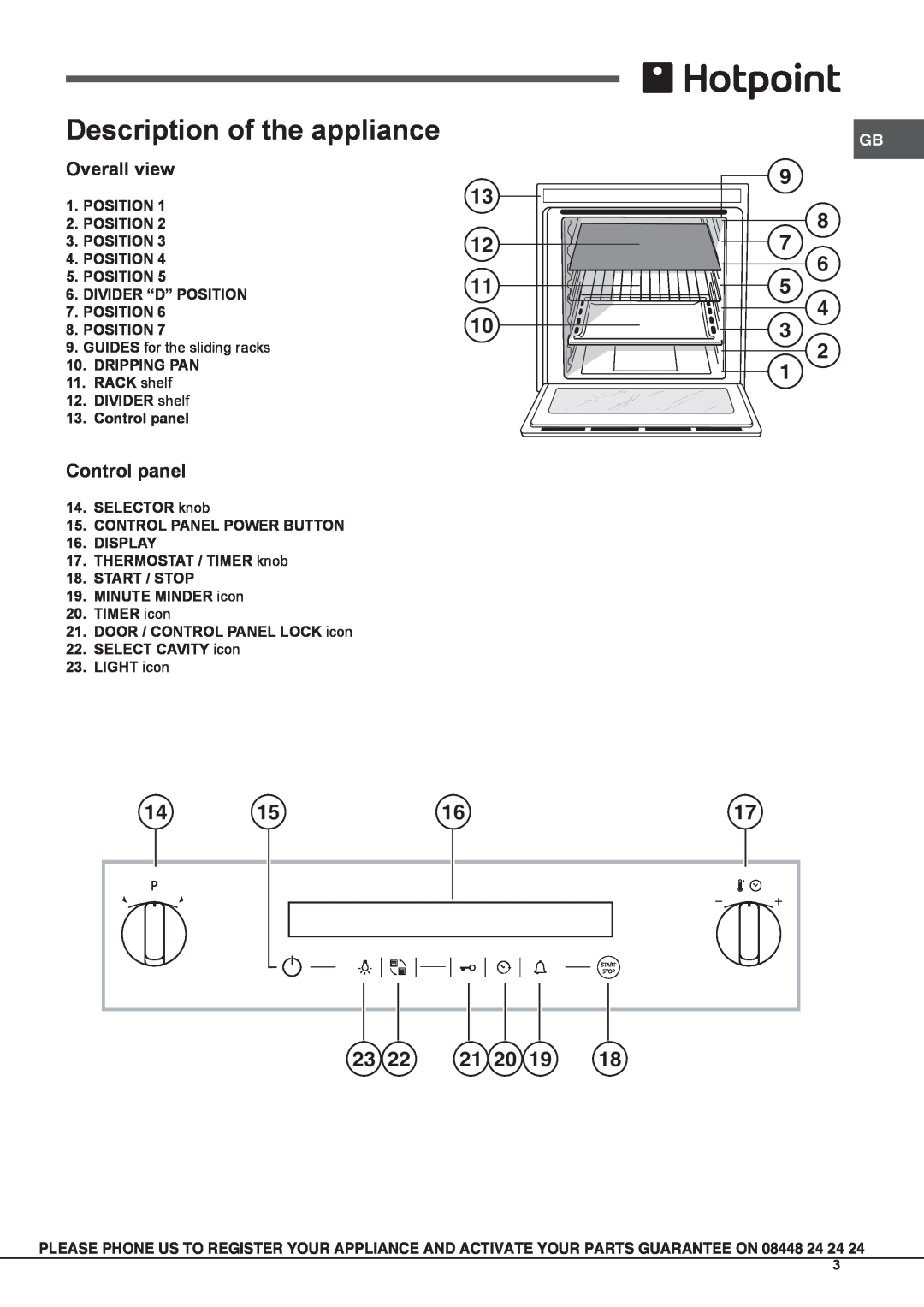 Hotpoint OSHS89EDC manual Description of the appliance, 9 8 7 6 5 4 3, Overall view, Control panel 