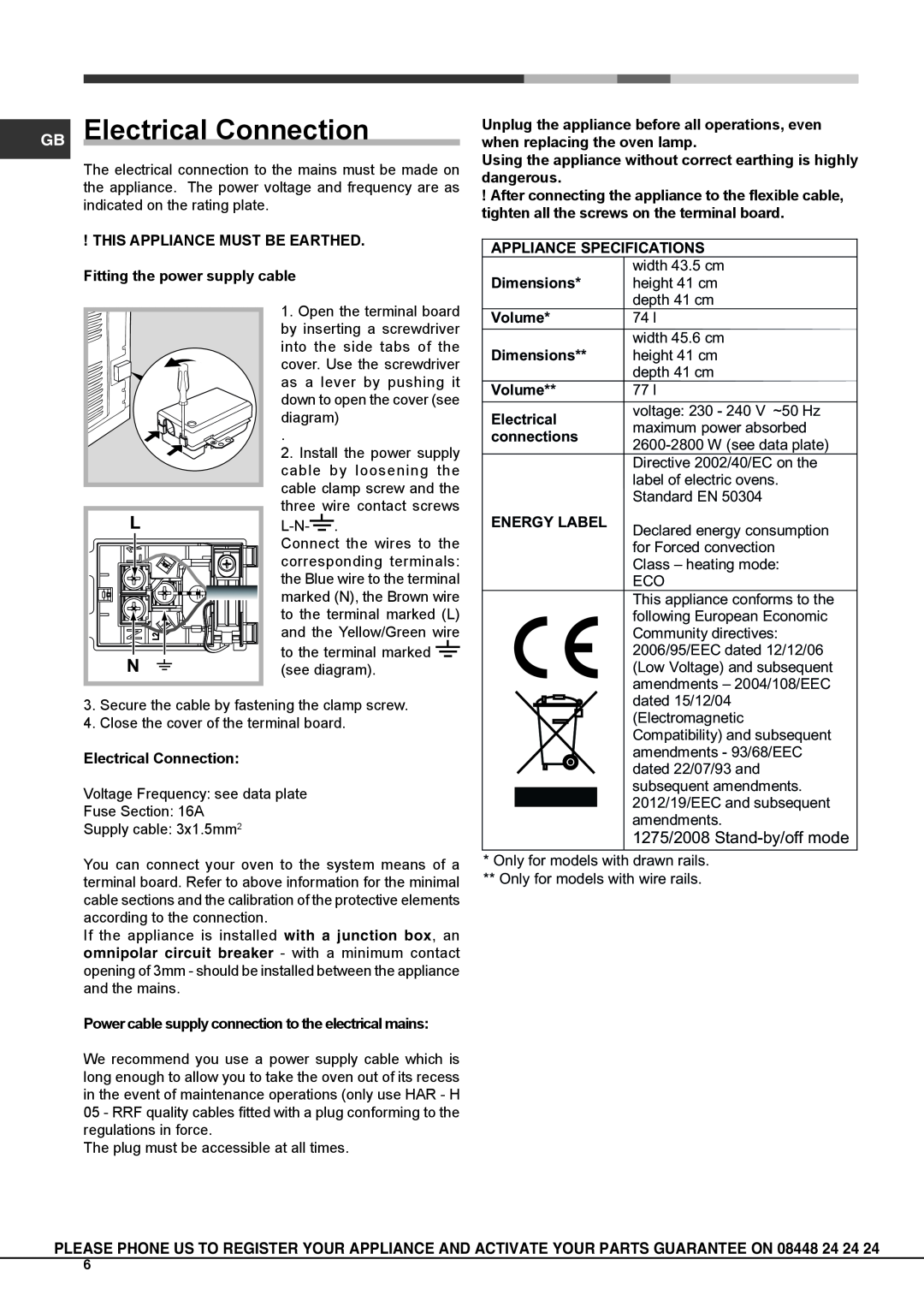 Hotpoint OSHS89EDC manual GB Electrical Connection 