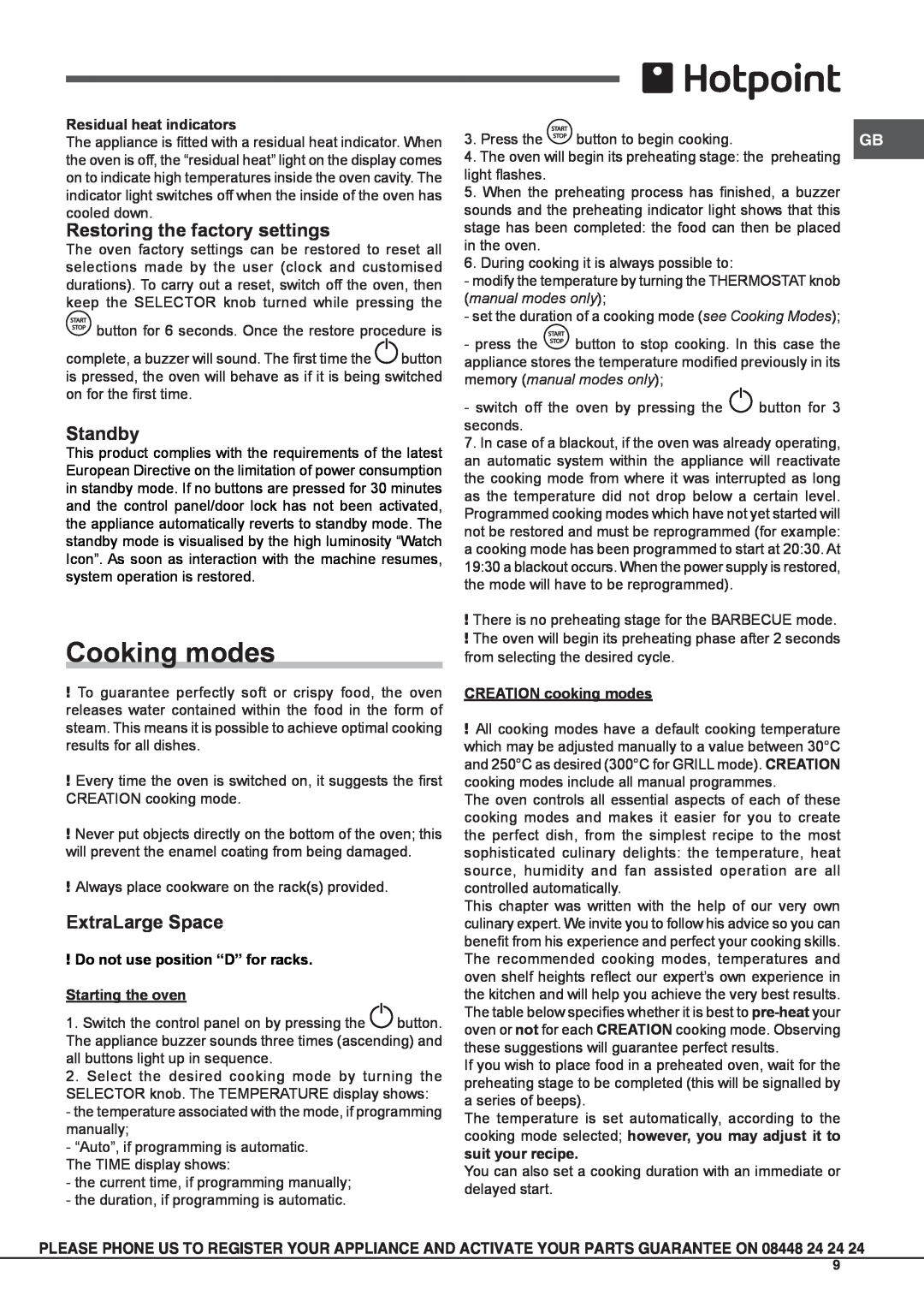 Hotpoint OSHS89EDC manual Cooking modes, Restoring the factory settings, Standby, ExtraLarge Space 