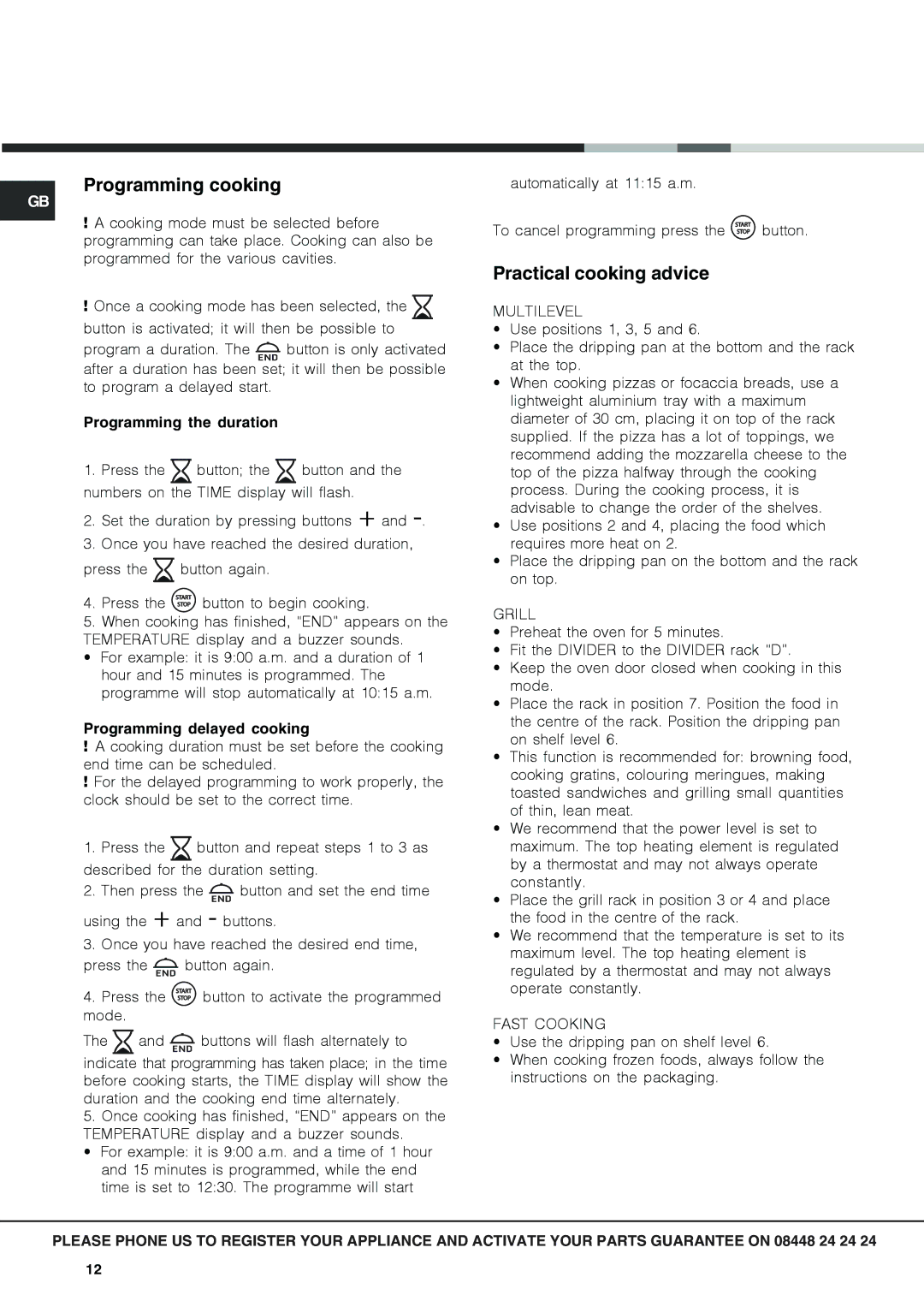 Hotpoint OSX 1036N D CX, OSX 1036U D CX manual Programming cooking, Practical cooking advice 