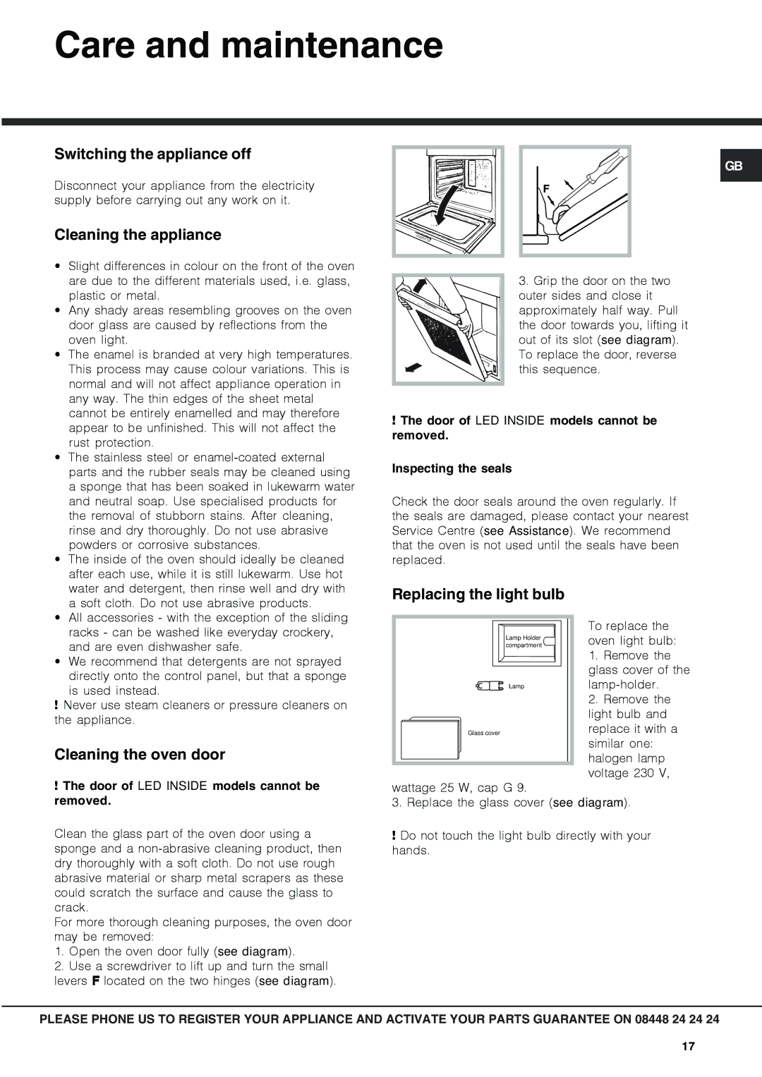 Hotpoint OSX 1036U D CX Care and maintenance, Switching the appliance off, Cleaning the appliance, Cleaning the oven door 