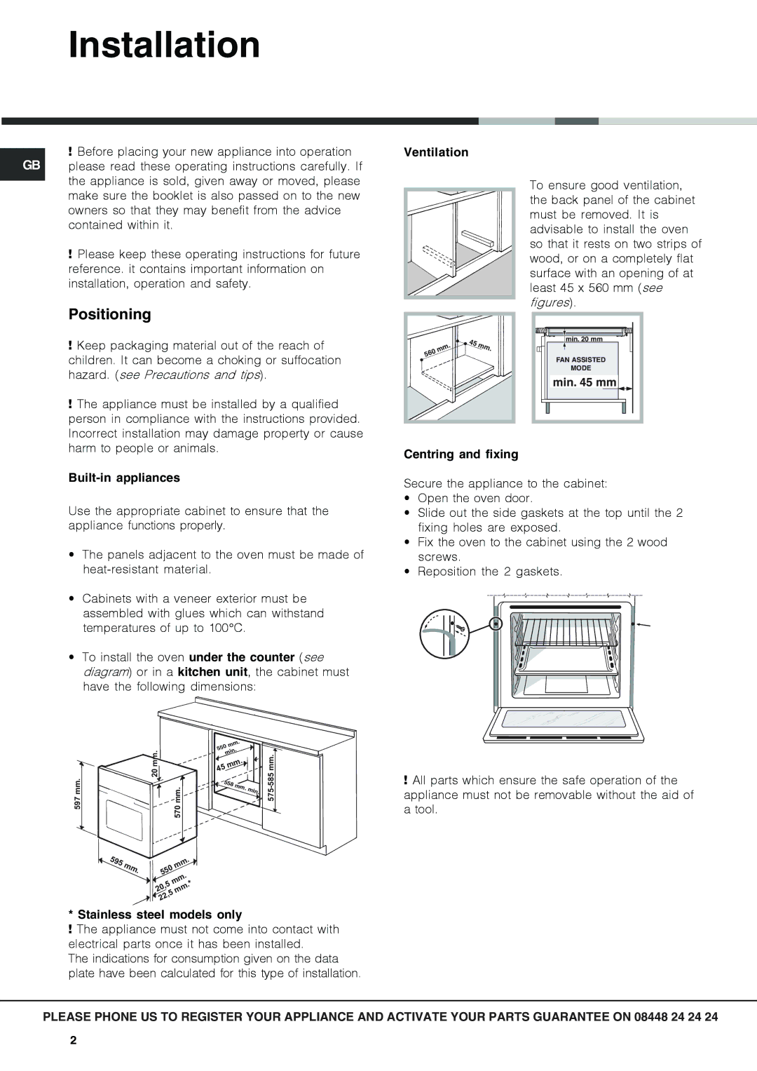 Hotpoint OSX 1036N D CX, OSX 1036U D CX manual Installation, Positioning 