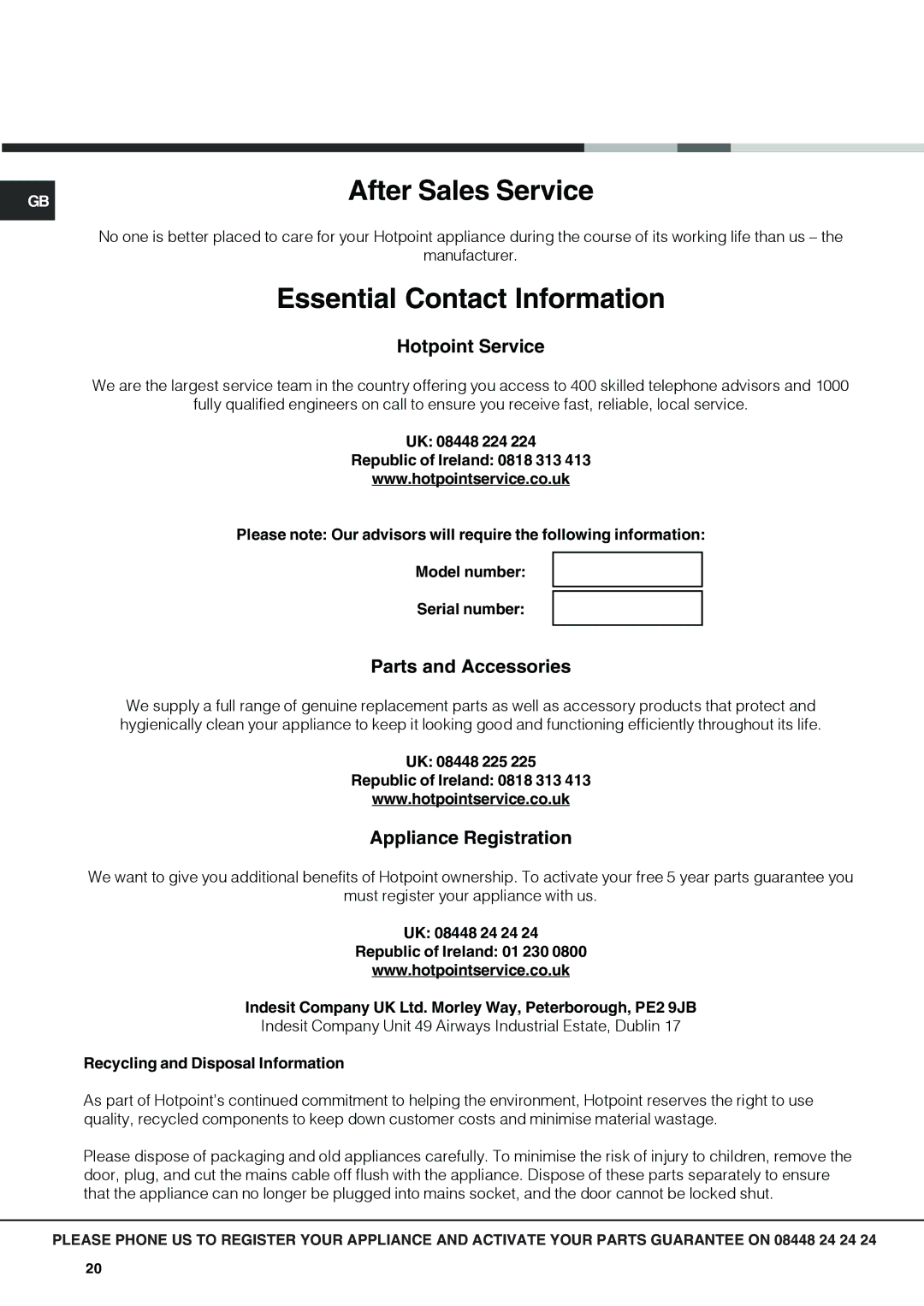 Hotpoint OSX 1036N D CX, OSX 1036U D CX manual Hotpoint Service, Parts and Accessories, Appliance Registration 