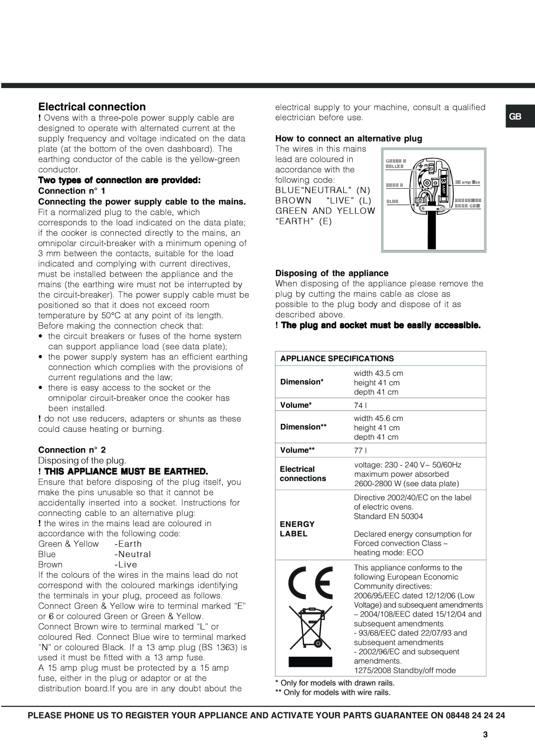 Hotpoint OSX 1036U D CX, OSX 1036N D CX manual Electrical connection, Two types of connection are provided Connection n 