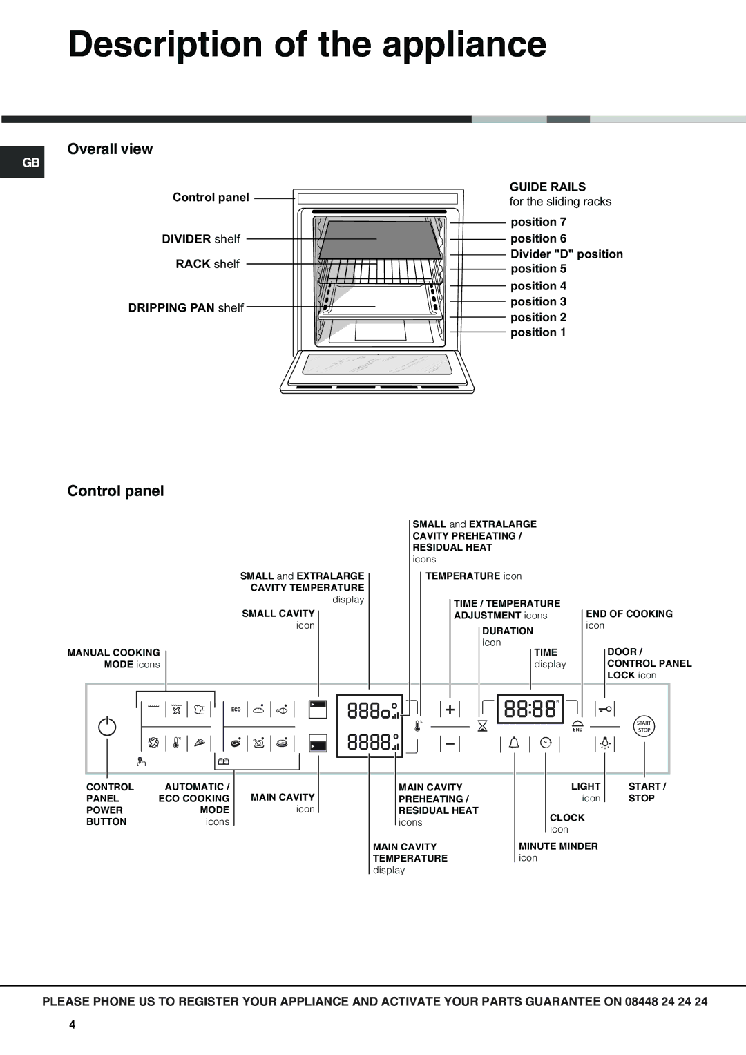 Hotpoint OSX 1036N D CX, OSX 1036U D CX manual Description of the appliance, Overall view, Control panel 