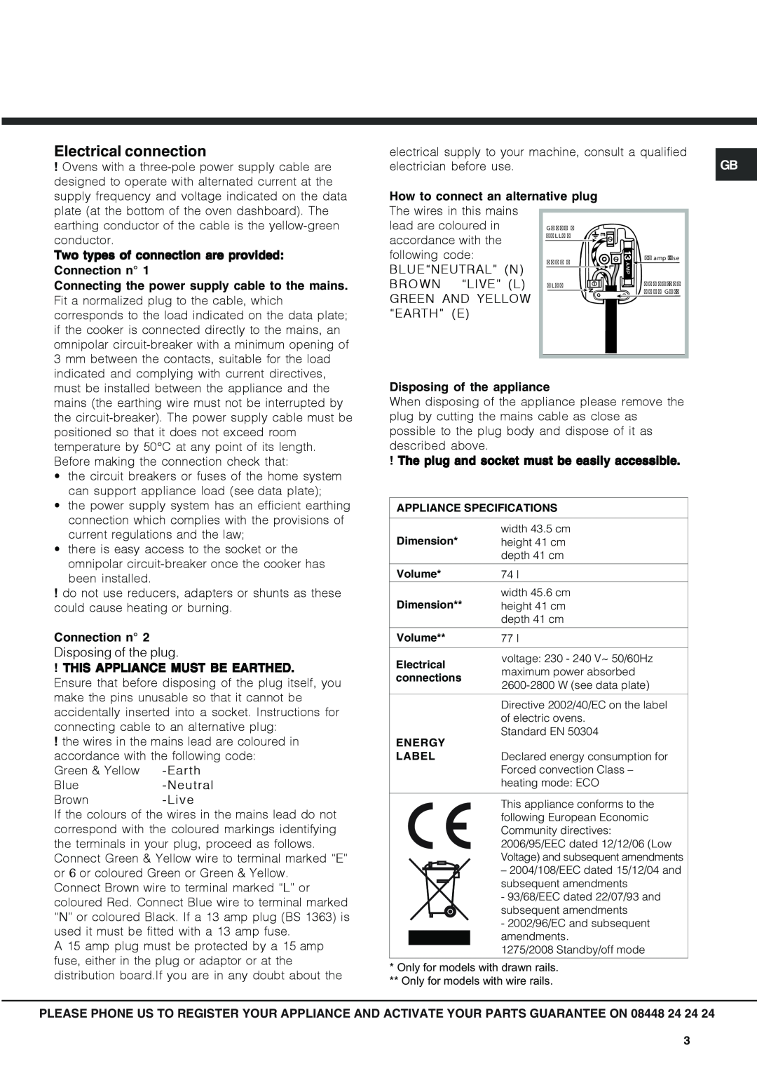 Hotpoint OSX 1036U D CX, OSX 1036N D CX manual Electrical connection, The plug and socket must be easily accessible 