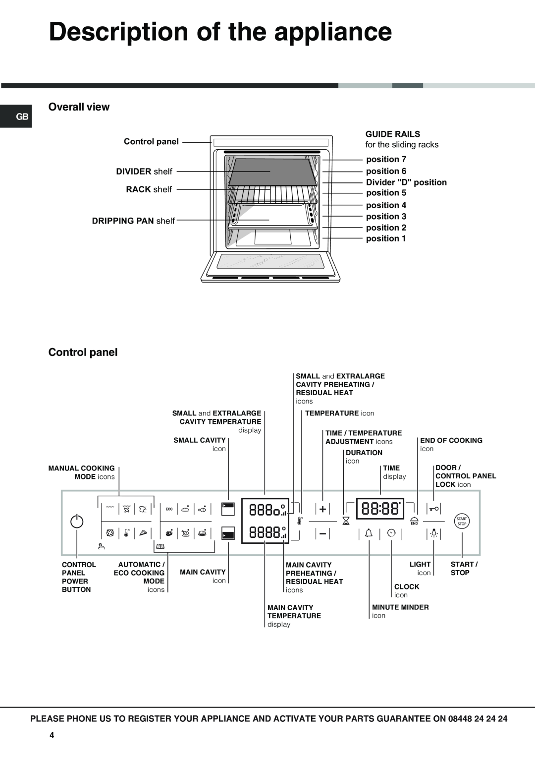 Hotpoint OSX 1036N D CX Description of the appliance, Overall view, Control panel, Guide Rails, for the sliding racks 