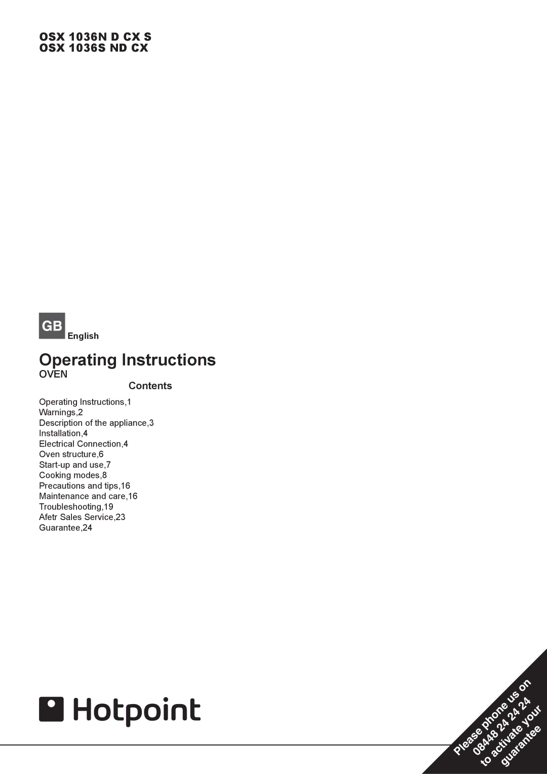 Hotpoint osx 1036n d cx s manual Operating Instructions, OSX 1036N D CX S 