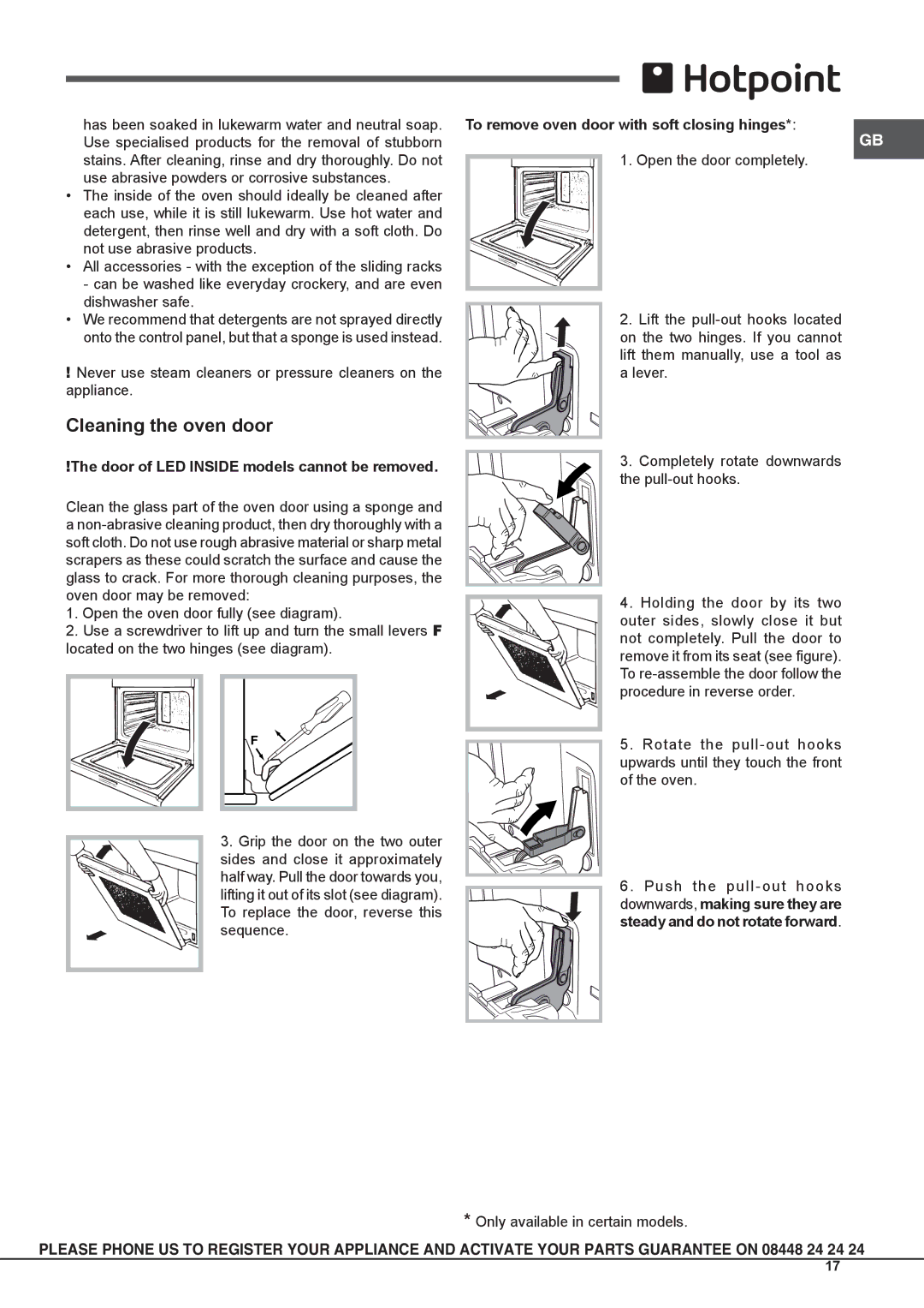 Hotpoint osx 1036n d cx s manual Cleaning the oven door, Door of LED Inside models cannot be removed 