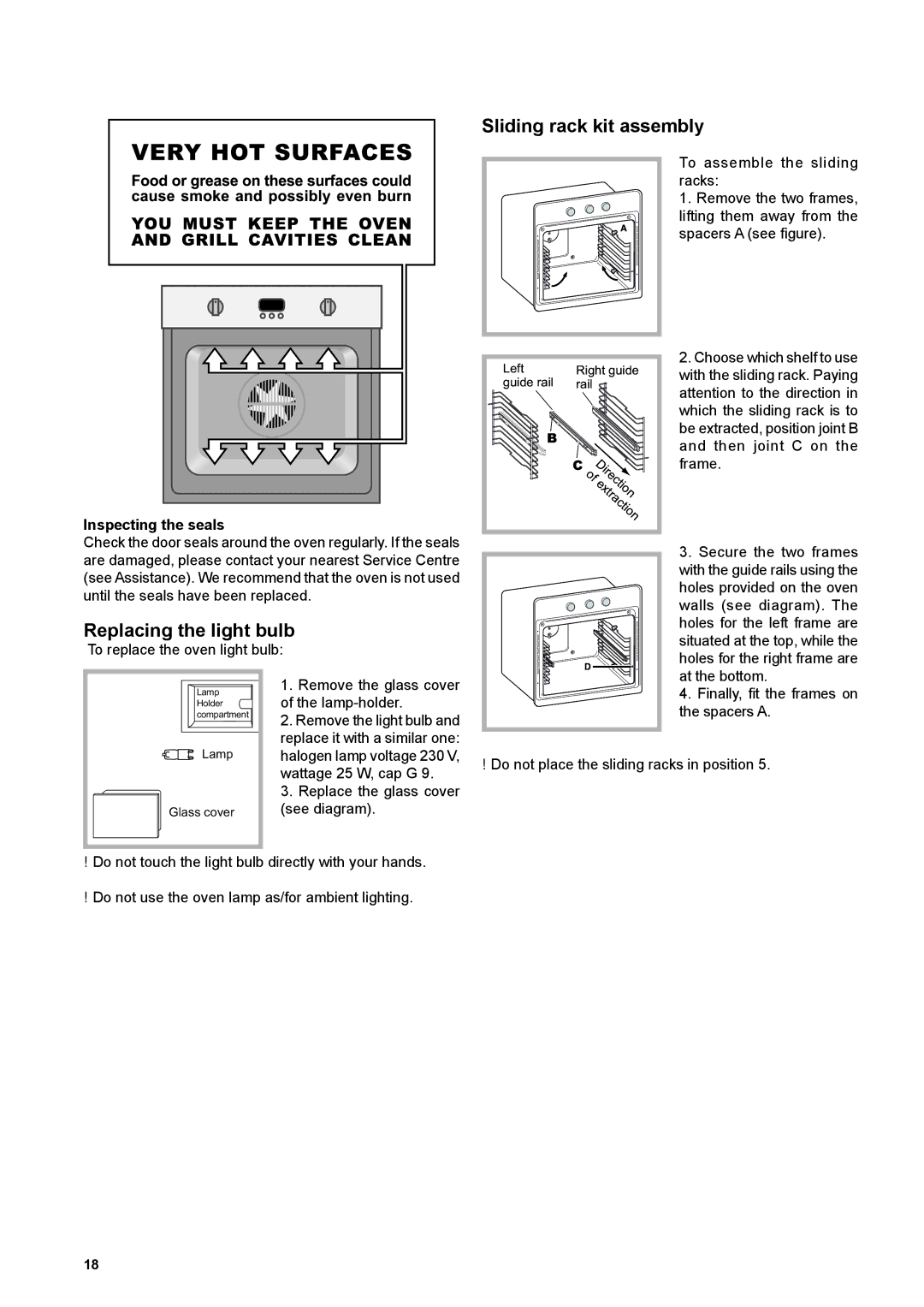 Hotpoint osx 1036n d cx s manual Sliding rack kit assembly, Replacing the light bulb, Inspecting the seals 