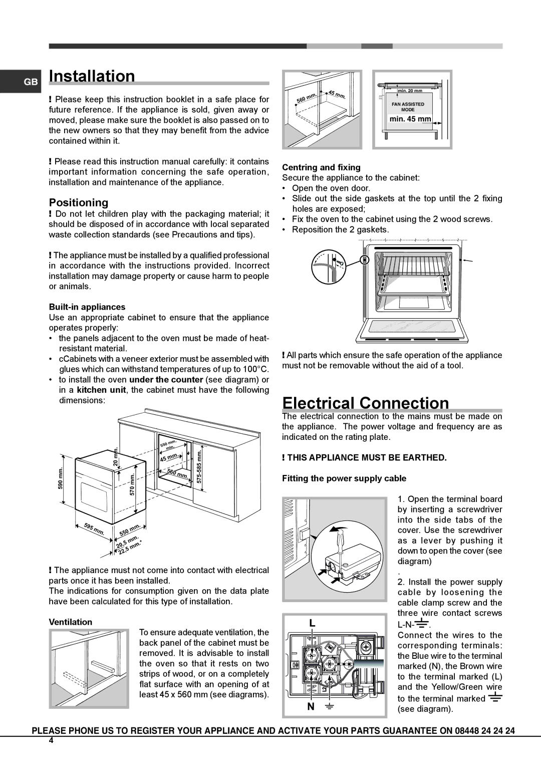 Hotpoint osx 1036n d cx s GB Installation, Electrical Connection, Positioning, Built-in appliances, Centring and fixing 