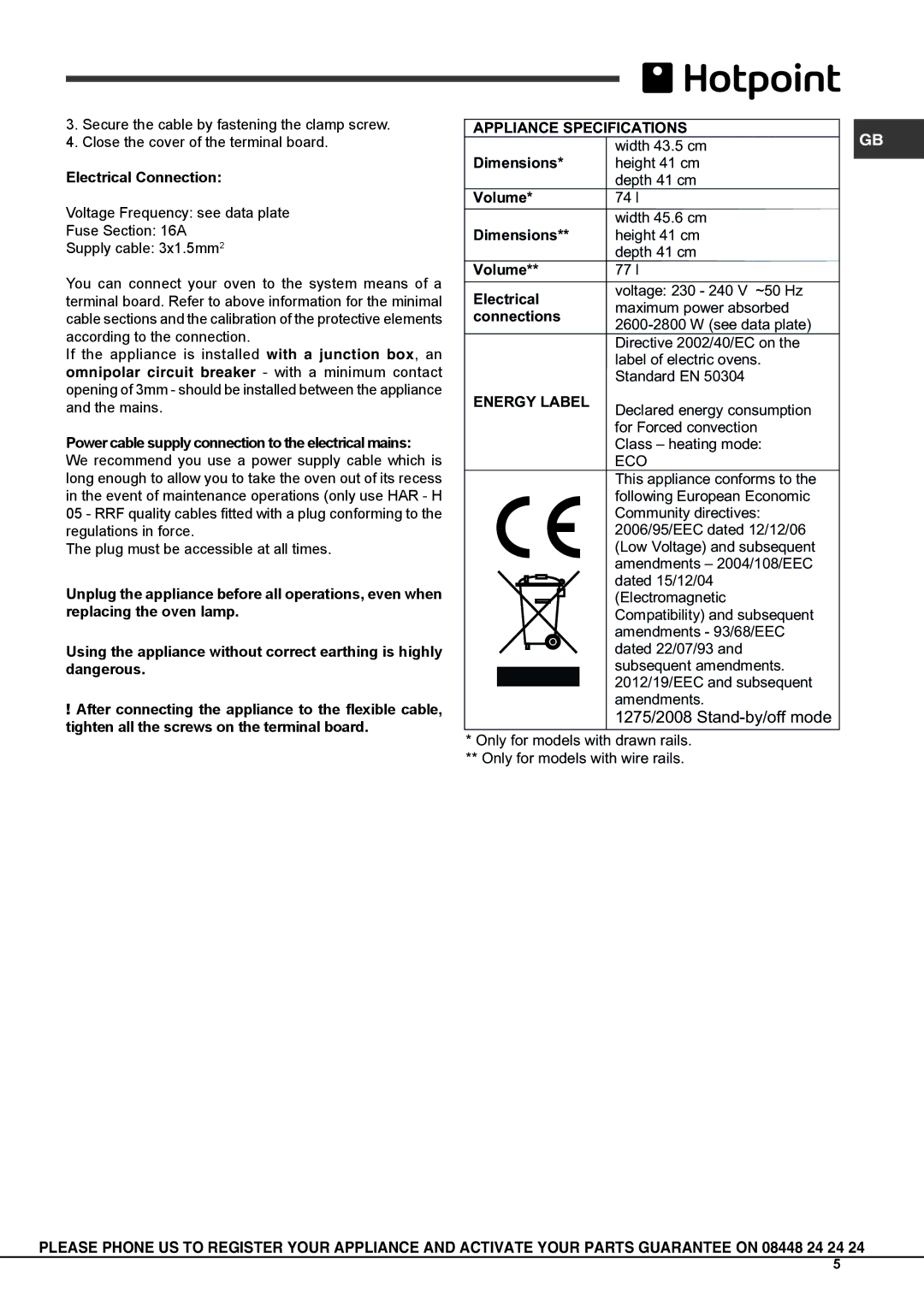 Hotpoint osx 1036n d cx s manual Electrical Connection, Dimensions, Volume, Connections 