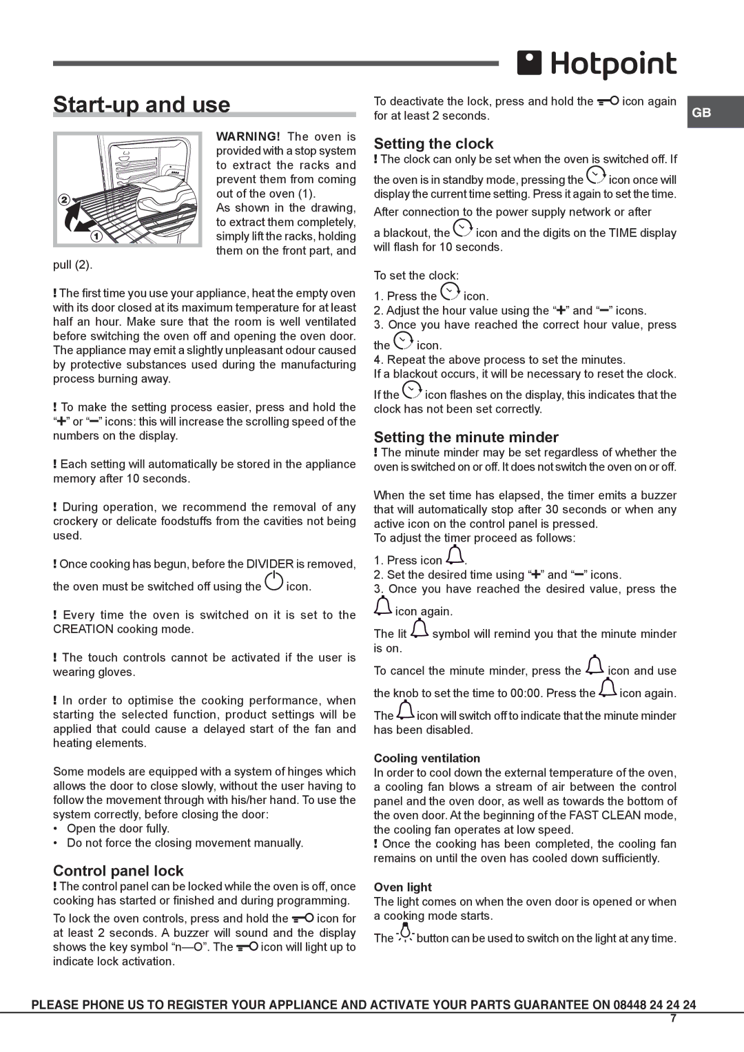 Hotpoint osx 1036n d cx s manual Start-up and use, Setting the clock, Control panel lock, Setting the minute minder 