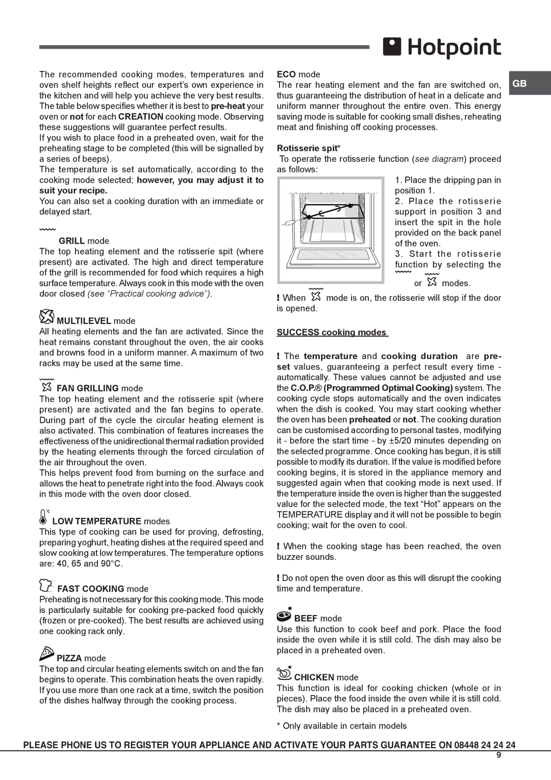 Hotpoint osx 1036n d cx s manual Grill mode, Multilevel mode, FAN Grilling mode, LOW Temperature modes, Fast Cooking mode 