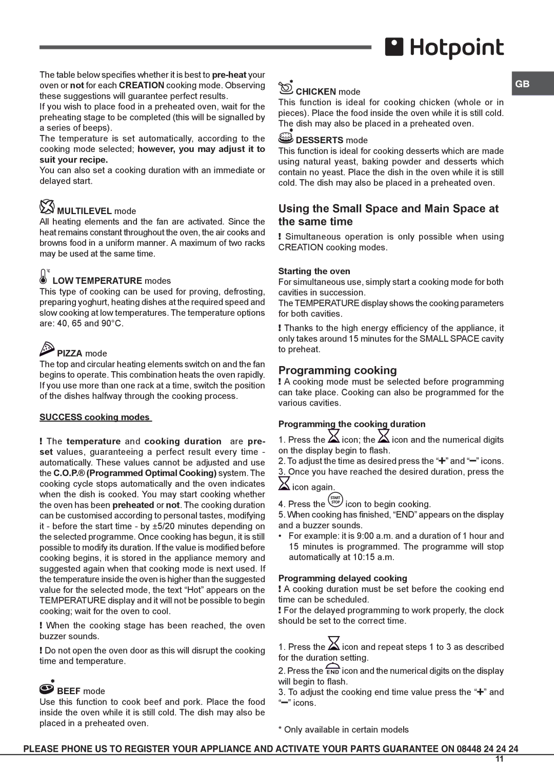 Hotpoint osx 1036s nd cx manual Using the Small Space and Main Space at the same time, Programming cooking, GB Chicken mode 
