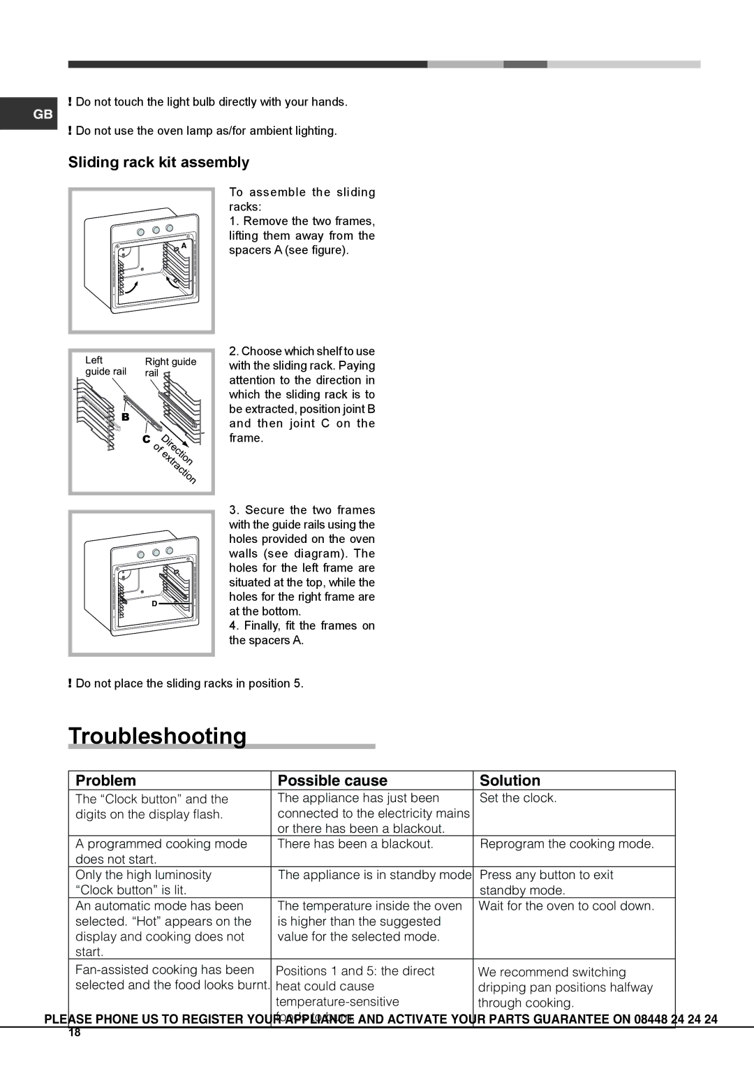 Hotpoint osx 1036n dcx s, osx 1036s nd cx manual Troubleshooting, Sliding rack kit assembly 