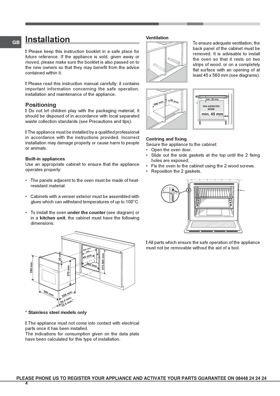 Hotpoint osx 1036n dcx s, osx 1036s nd cx manual GB Installation, Positioning, Built-in appliances, Centring and fixing 