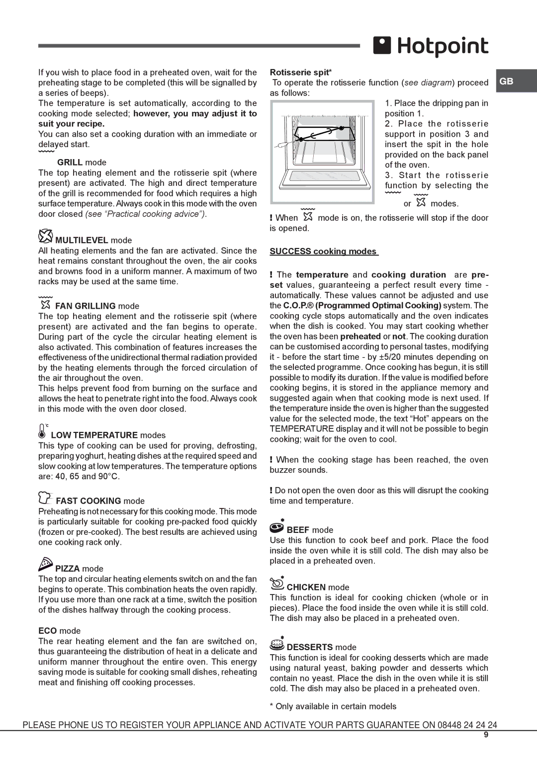 Hotpoint osx 1036s nd cx manual Grill mode, Multilevel mode, FAN Grilling mode, LOW Temperature modes, Fast Cooking mode 