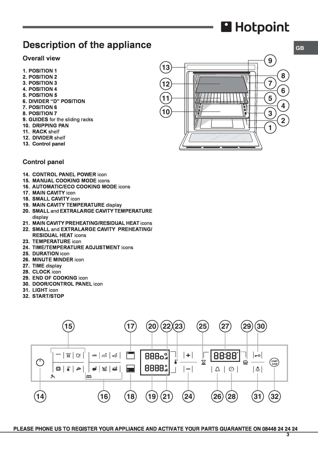 Hotpoint osx 1036s nd cx, osx 1036n dcx s manual Description of the appliance, Overall view, Control panel 