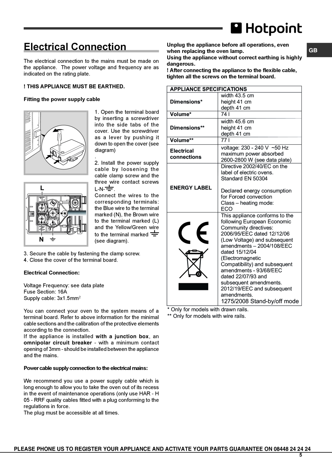 Hotpoint osx 1036s nd cx, osx 1036n dcx s manual Electrical Connection 