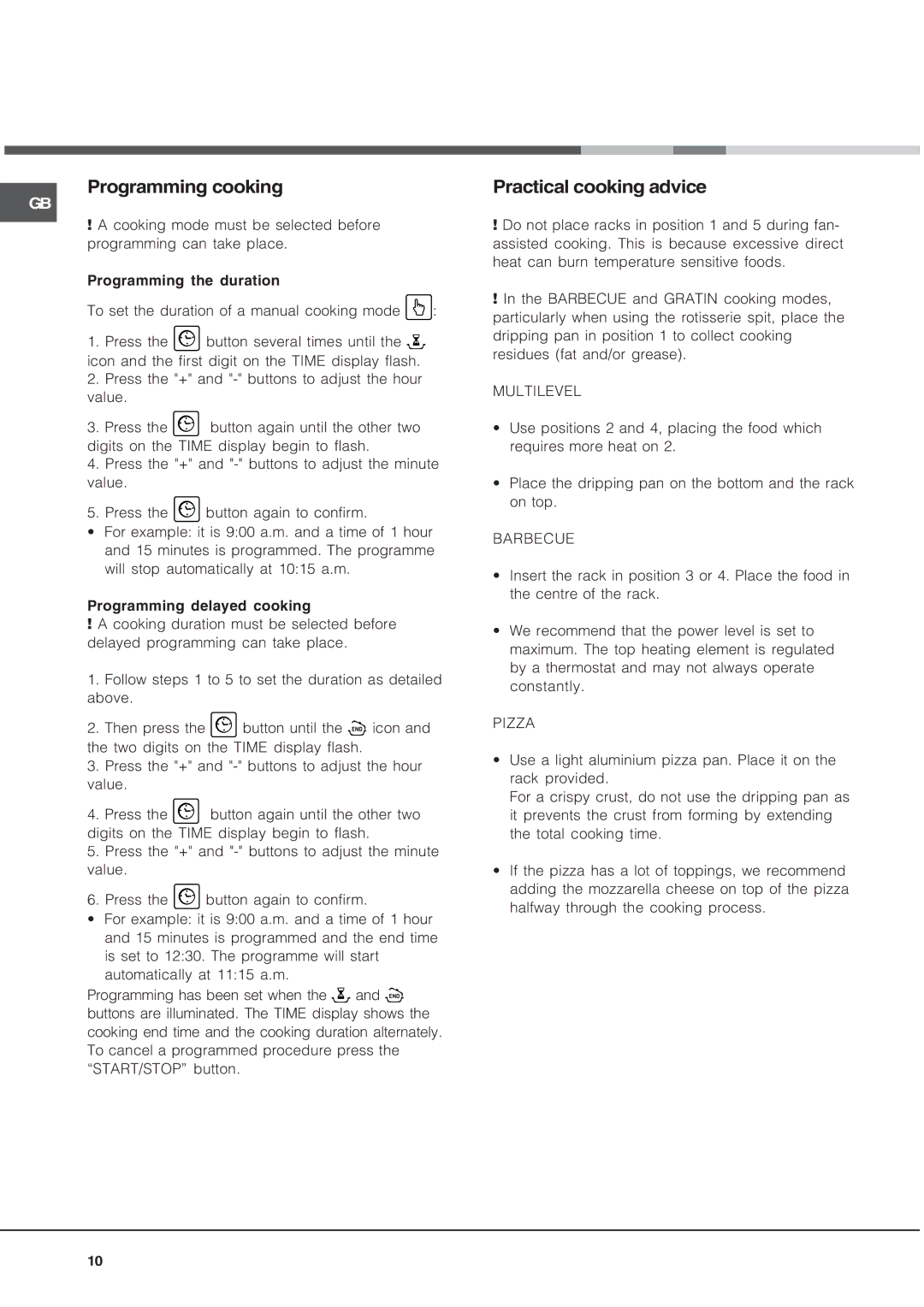 Hotpoint SE48101PX, Oven, SE48101PGX operating instructions Programming cooking, Practical cooking advice 