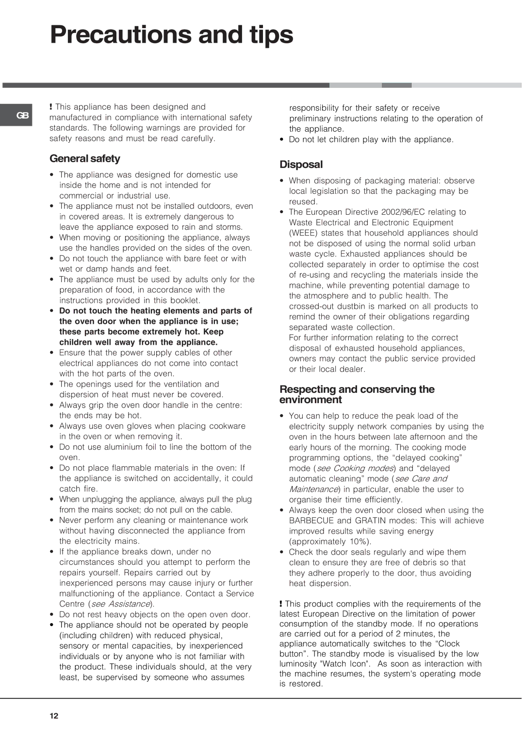 Hotpoint Oven, SE48101PX Precautions and tips, General safety, Disposal, Respecting and conserving the environment 