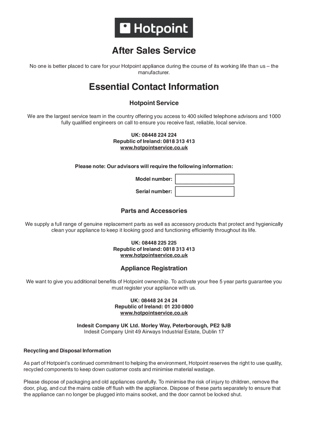 Hotpoint SE48101PGX, Oven, SE48101PX operating instructions After Sales Service 