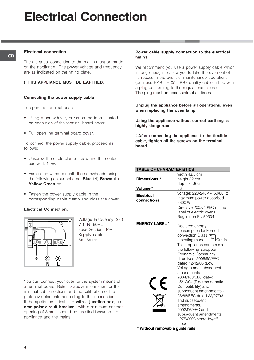 Hotpoint SE48101PX, Oven, SE48101PGX operating instructions Electrical Connection, This Appliance Must be Earthed 