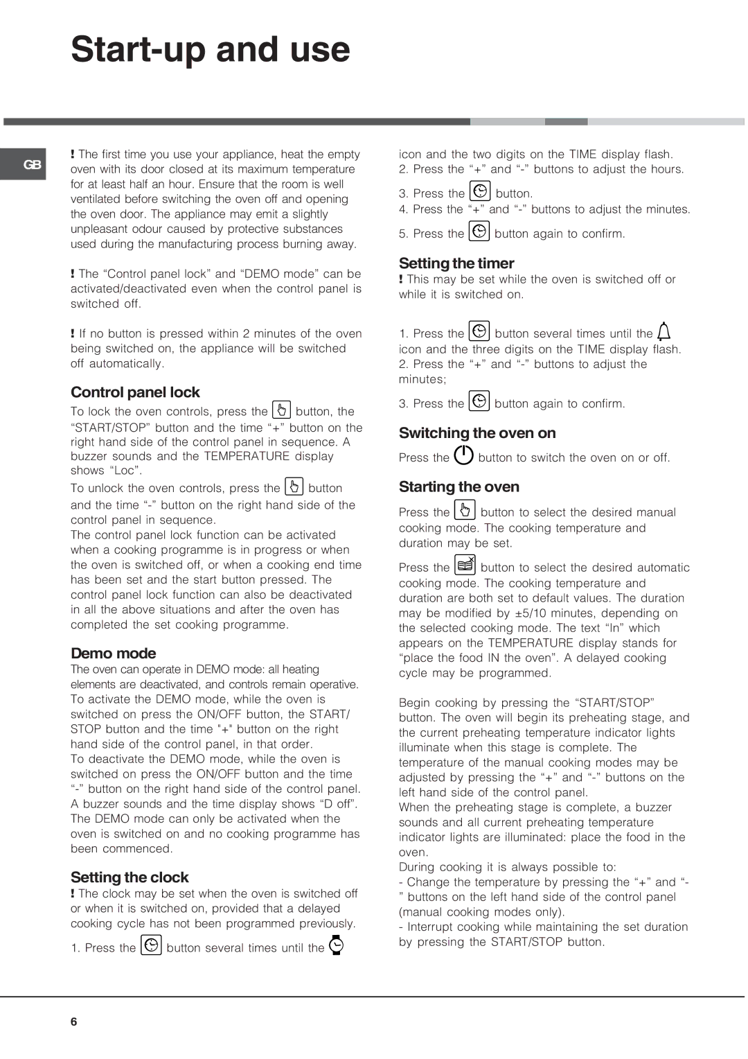 Hotpoint Oven, SE48101PX, SE48101PGX operating instructions Start-up and use 