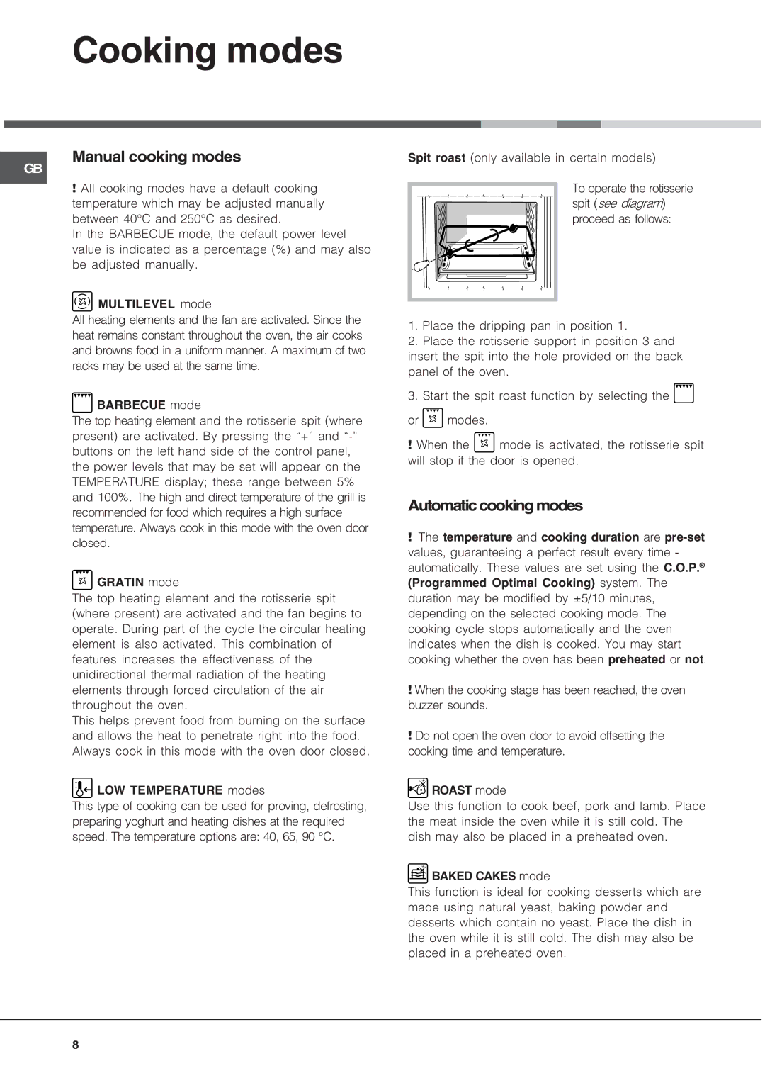 Hotpoint SE48101PGX, Oven, SE48101PX operating instructions Cooking modes, Manual cooking modes, Automatic cooking modes 