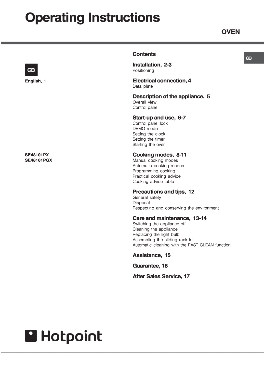 Hotpoint SE48101PGX manual Operating Instructions, Oven 
