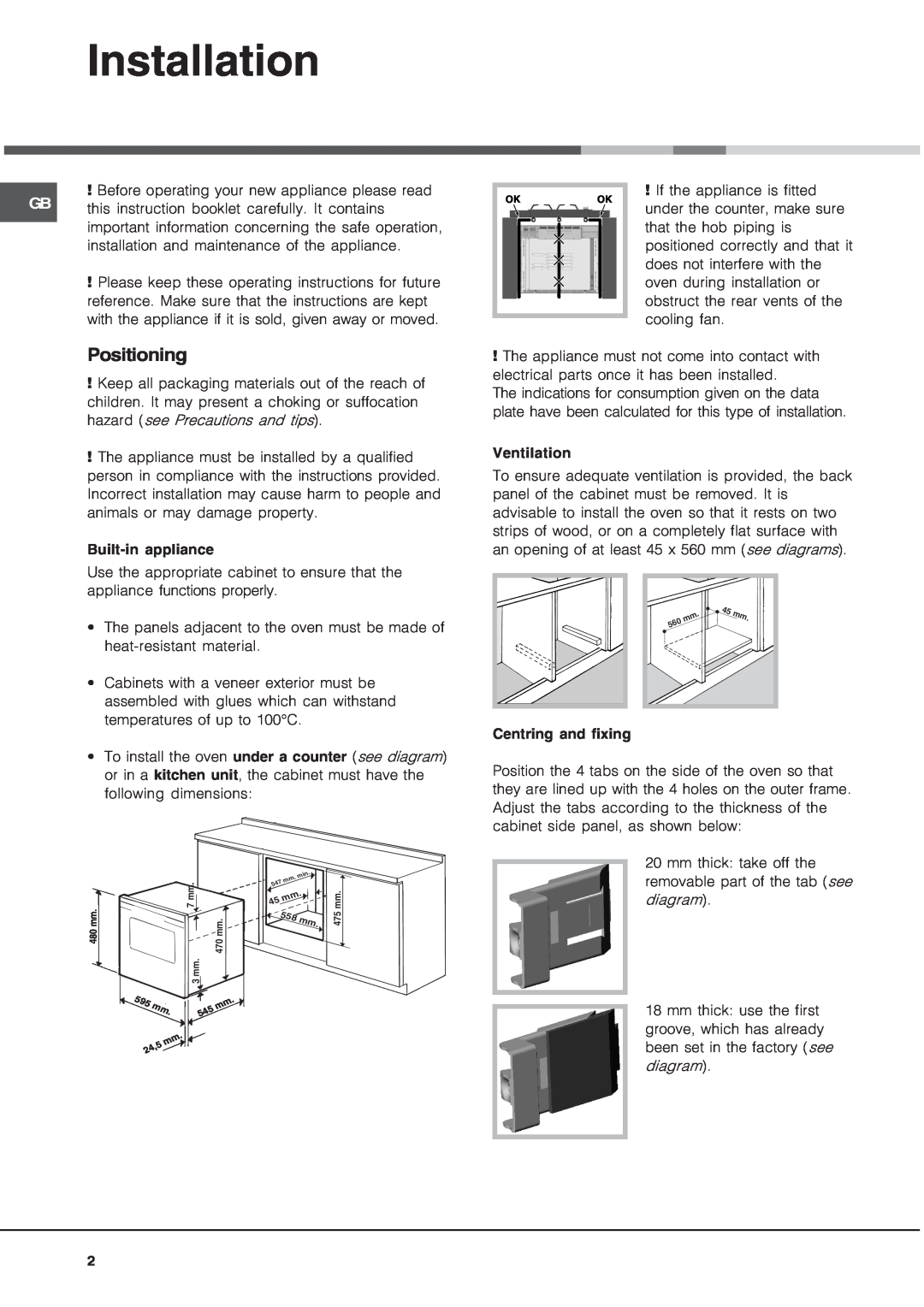 Hotpoint SE48101PGX, Oven, SE48101PX operating instructions Installation, Positioning 