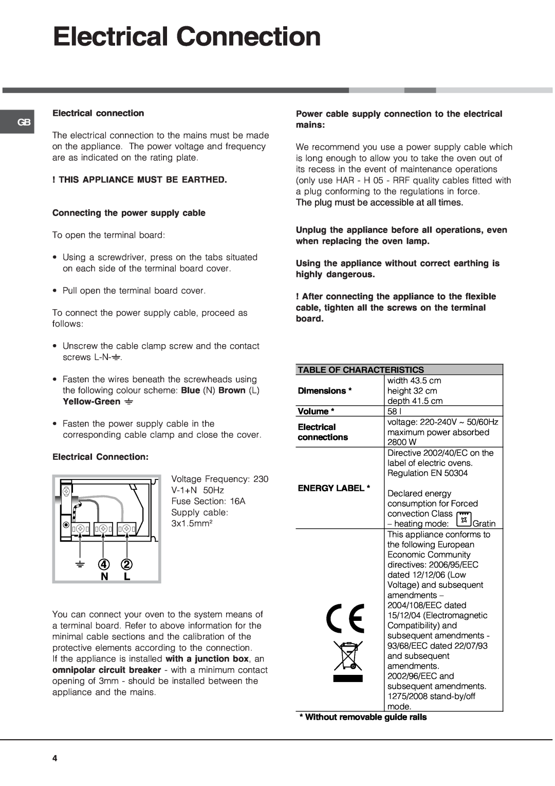 Hotpoint SE48101PX, Oven, SE48101PGX operating instructions Electrical Connection, 4 2 N L 