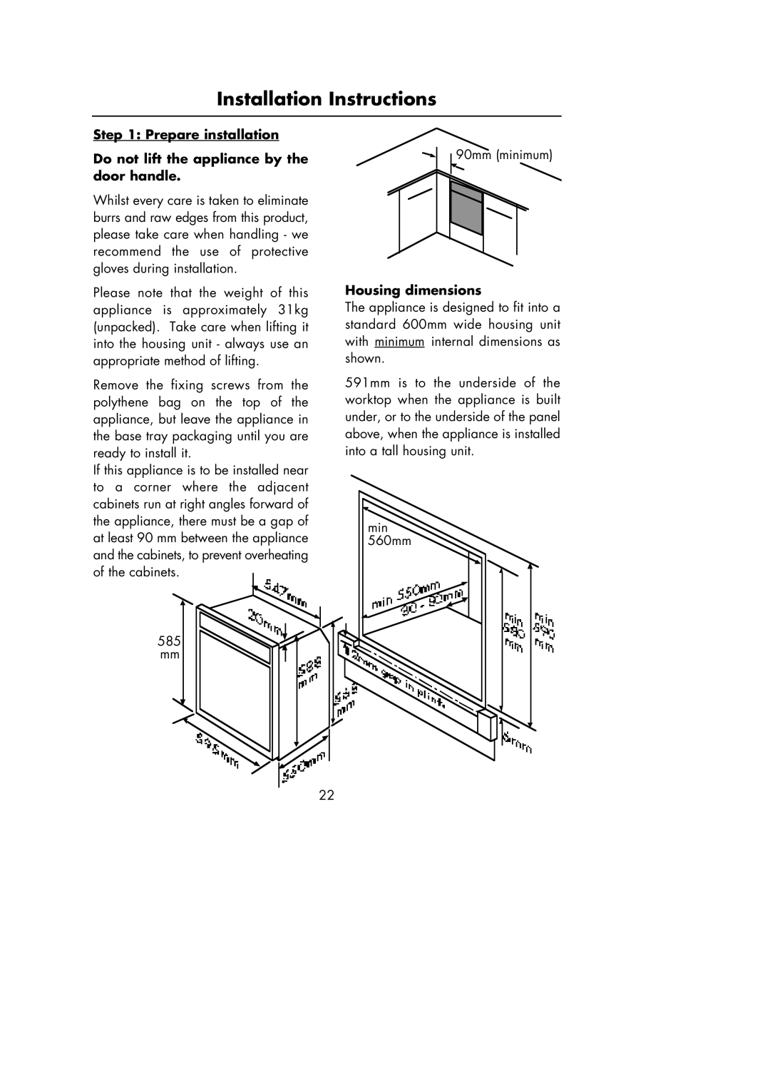 Hotpoint Oven manual Housing dimensions 