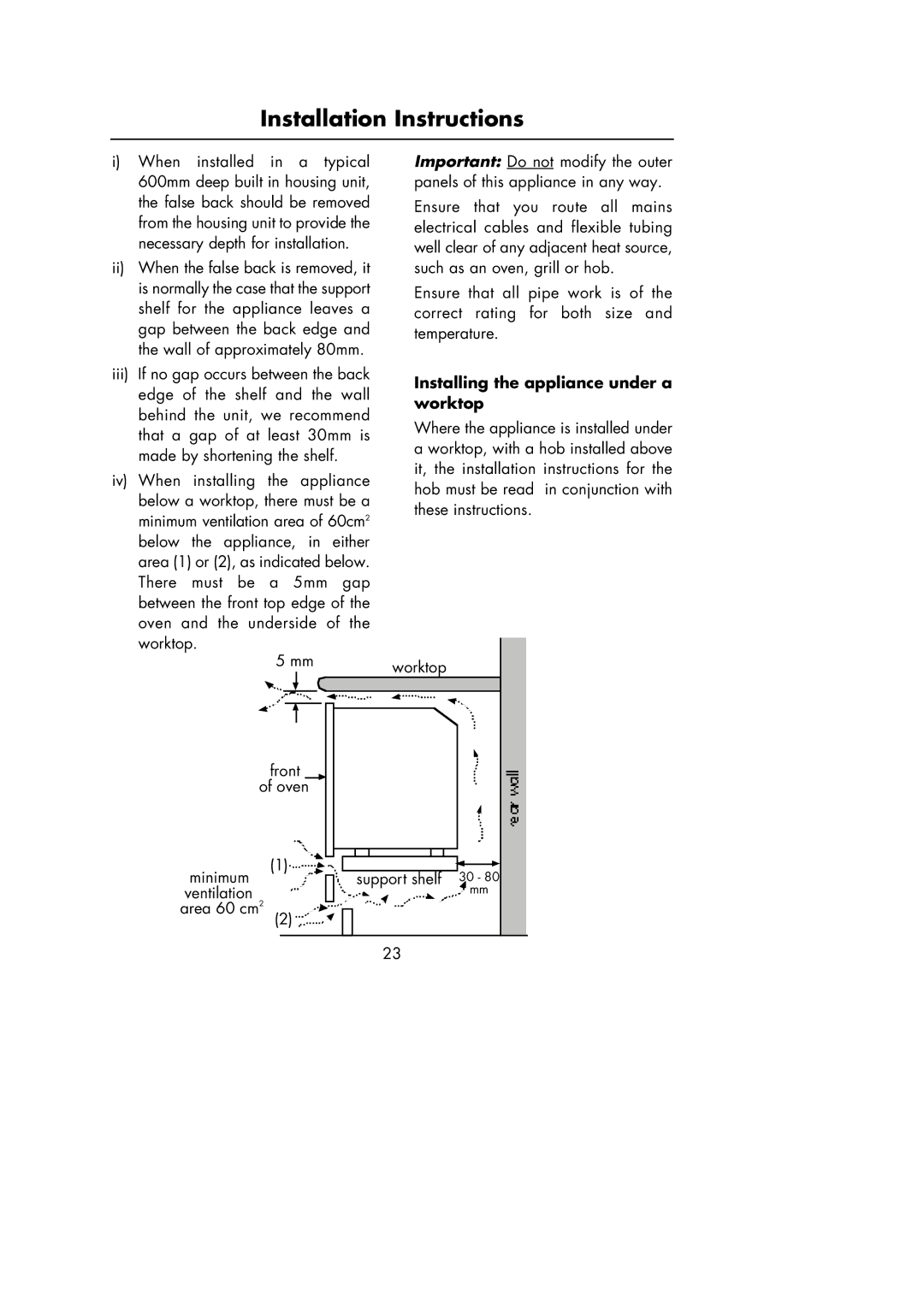 Hotpoint Oven manual Installing the appliance under a worktop 