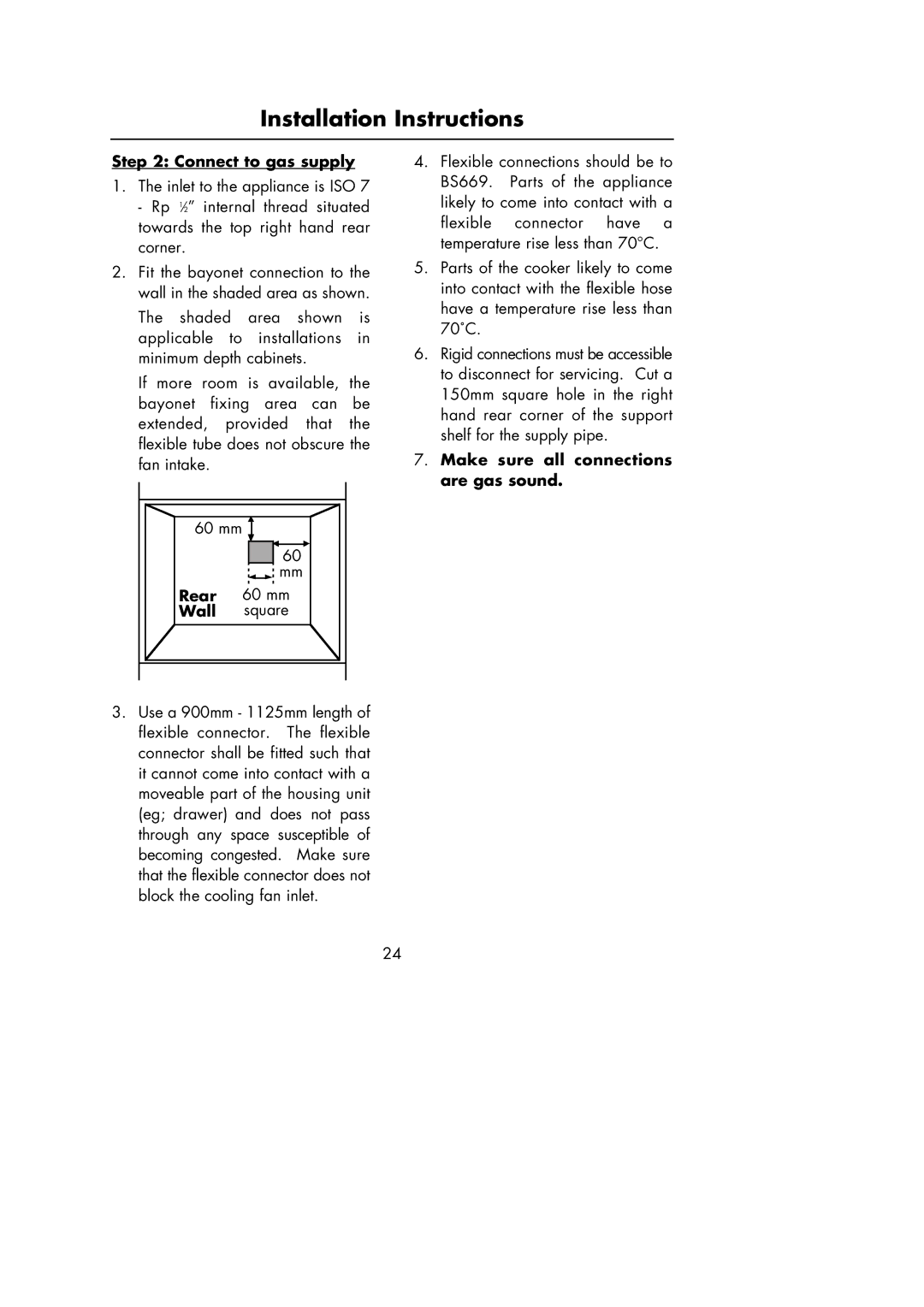 Hotpoint Oven manual Connect to gas supply, Rear, Wall, Make sure all connections are gas sound 