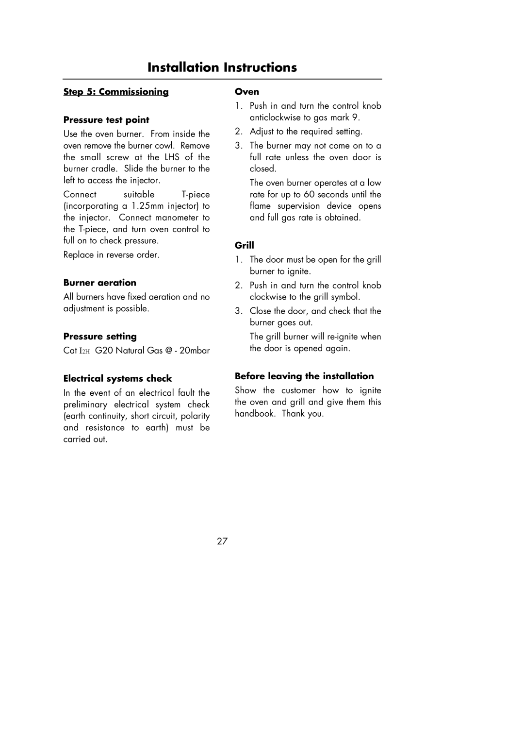 Hotpoint Oven manual Commissioning Pressure test point, Burner aeration, Pressure setting, Electrical systems check, Grill 