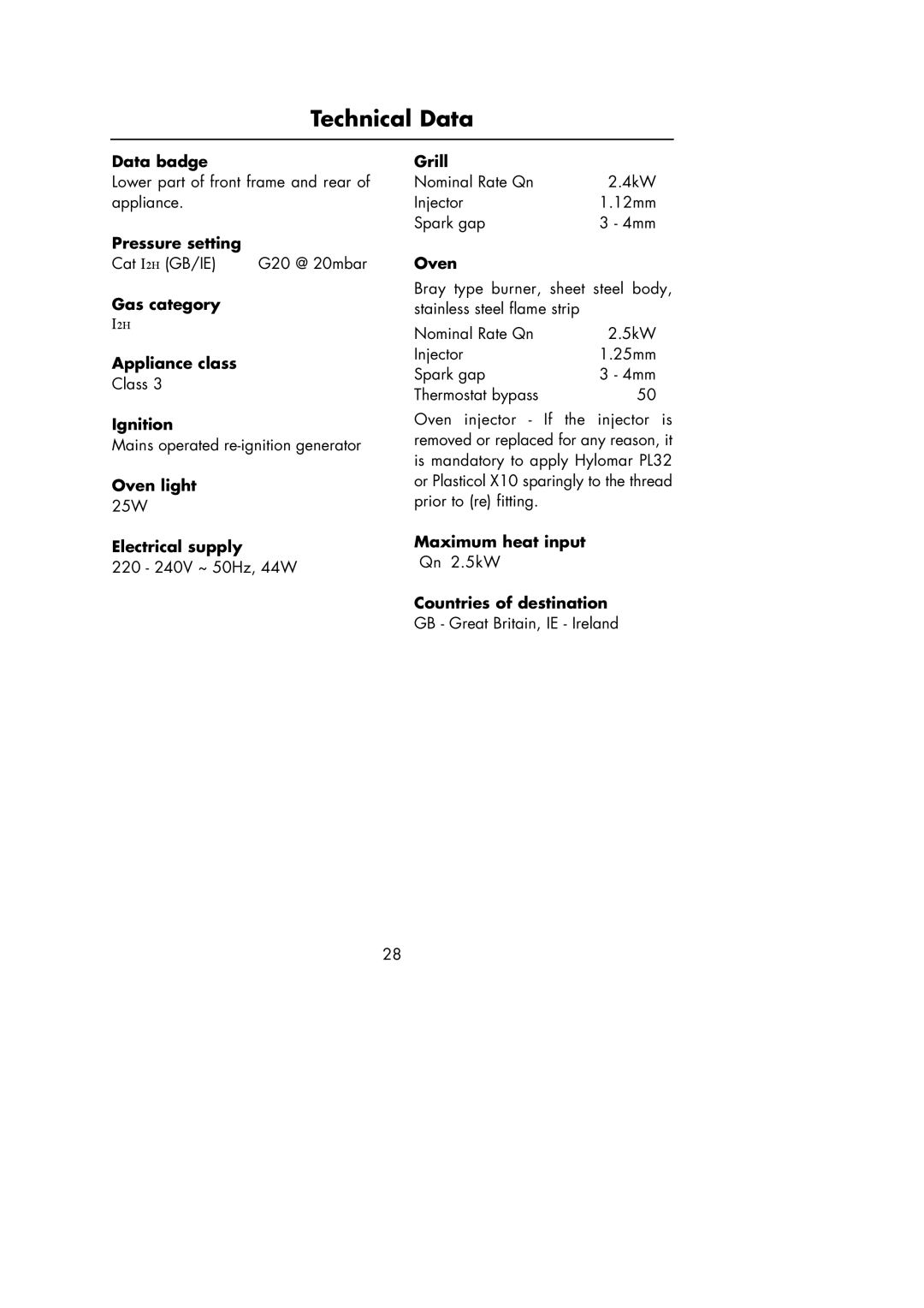 Hotpoint Oven manual Technical Data 