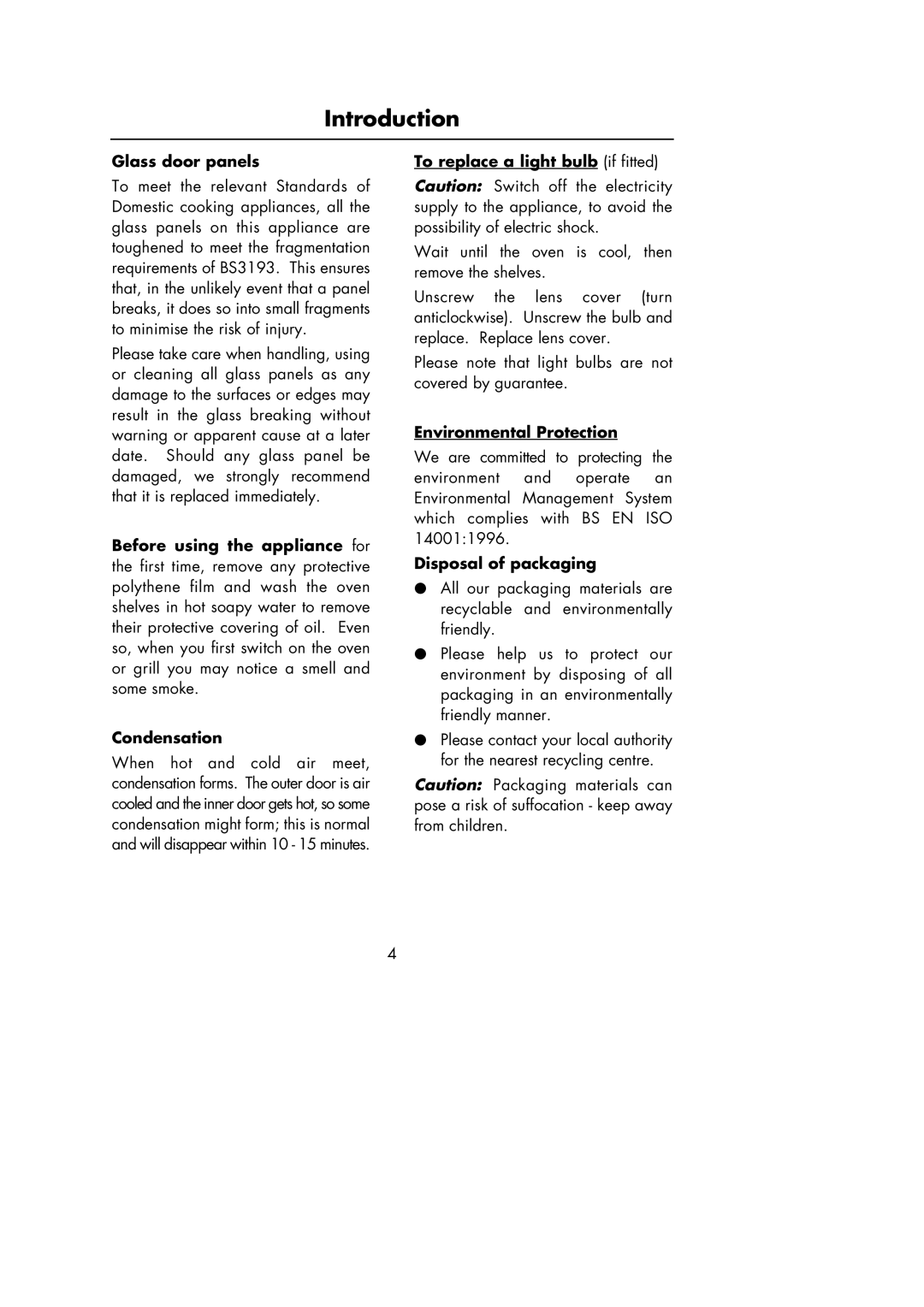 Hotpoint Oven manual Glass door panels, To replace a light bulb if fitted, Environmental Protection, Disposal of packaging 