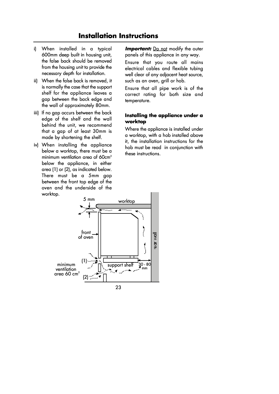 Hotpoint Oven manual Installing the appliance under a worktop, Installation Instructions 