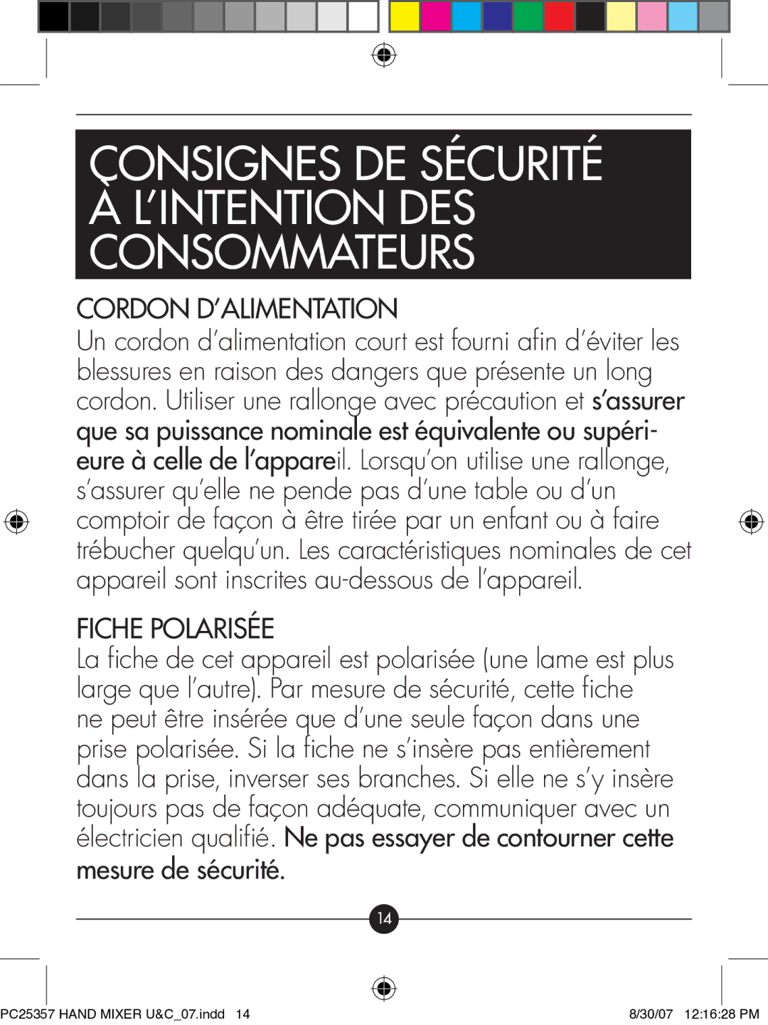 Hotpoint PC25357 manual Cordon D’ALIMENTATION, Fiche Polarisée 