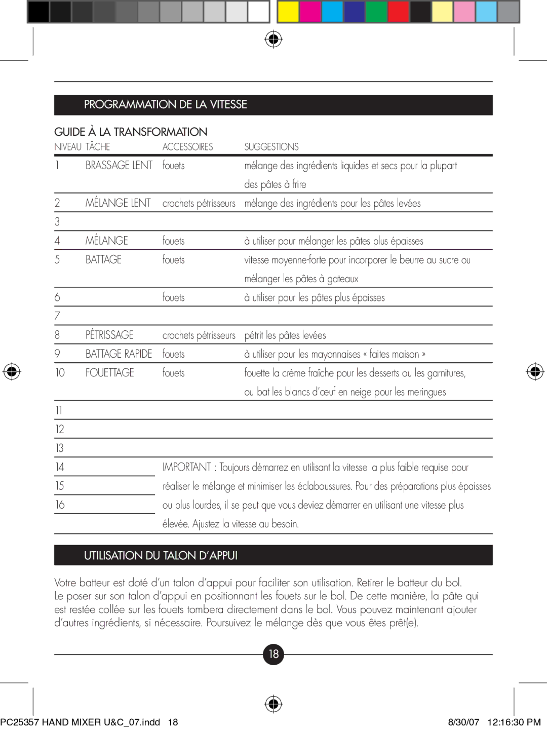 Hotpoint PC25357 manual Programmation DE LA Vitesse, Utilisation DU Talon D’APPUI 