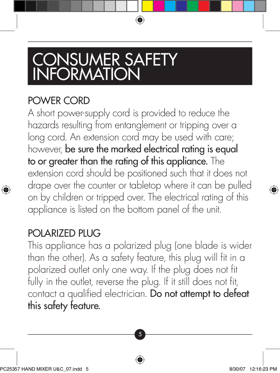 Hotpoint PC25357 manual Power Cord, Polarized Plug 