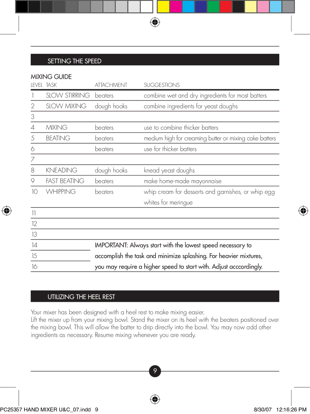 Hotpoint PC25357 manual Setting the Speed, Utilizing the Heel Rest 