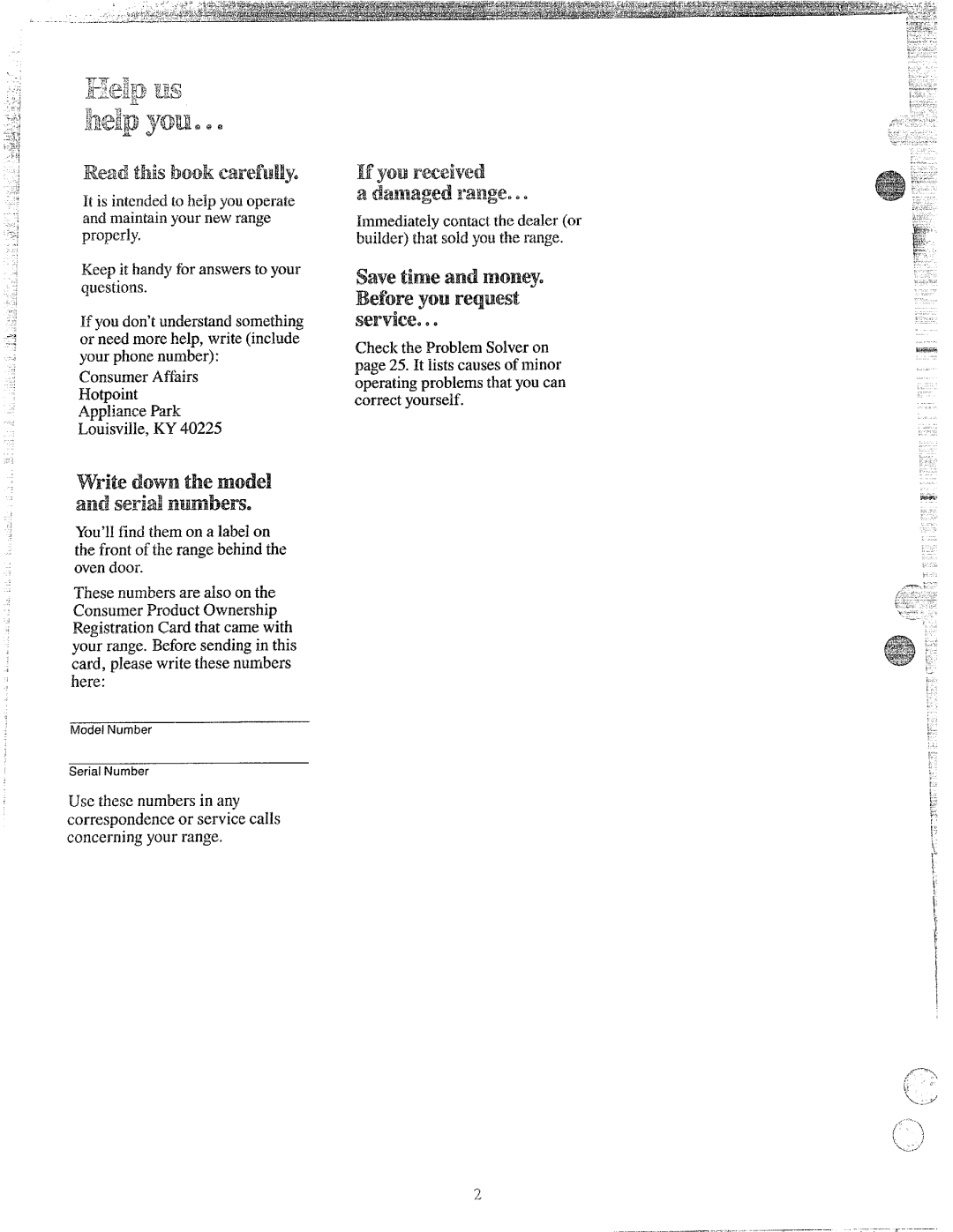 Hotpoint RS42J, RA513J, RA511J, RS47GJ, RS46J, RB536J, RB532GJ, RB525J, RB524J, RB525GJ Readthis bookcarefully, Writedownthe model 