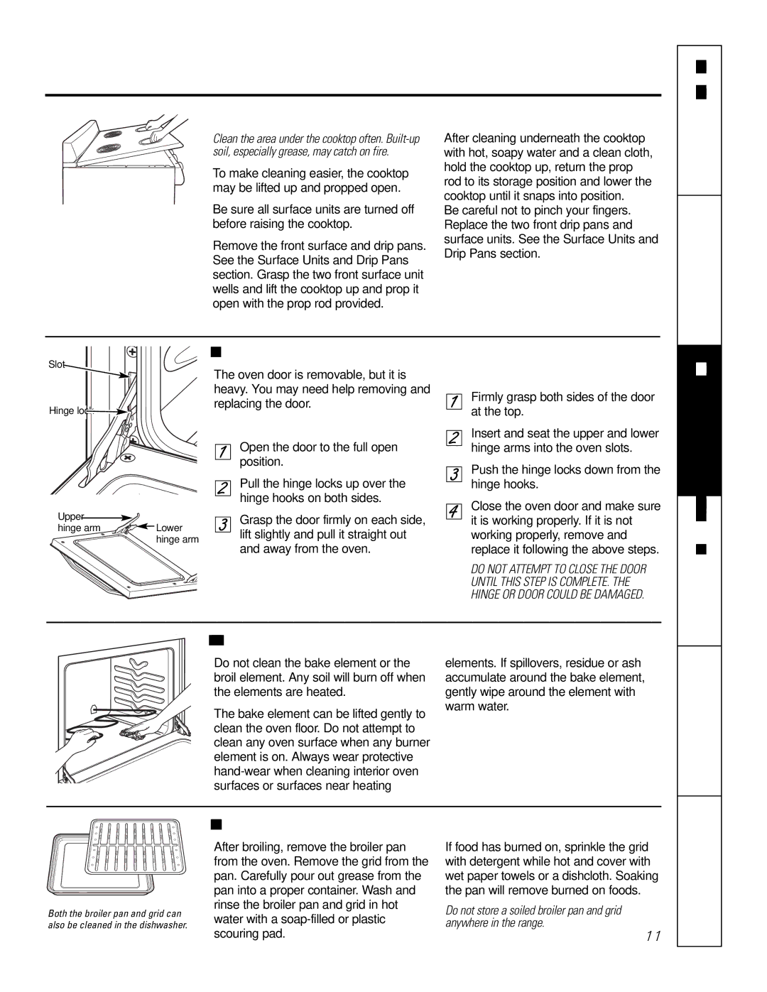 Hotpoint RA720, RA724 owner manual Lift-Up Cooktop Safety, Lift-Off Oven Door, Oven Heating Elements, Troubleshooting Tips 