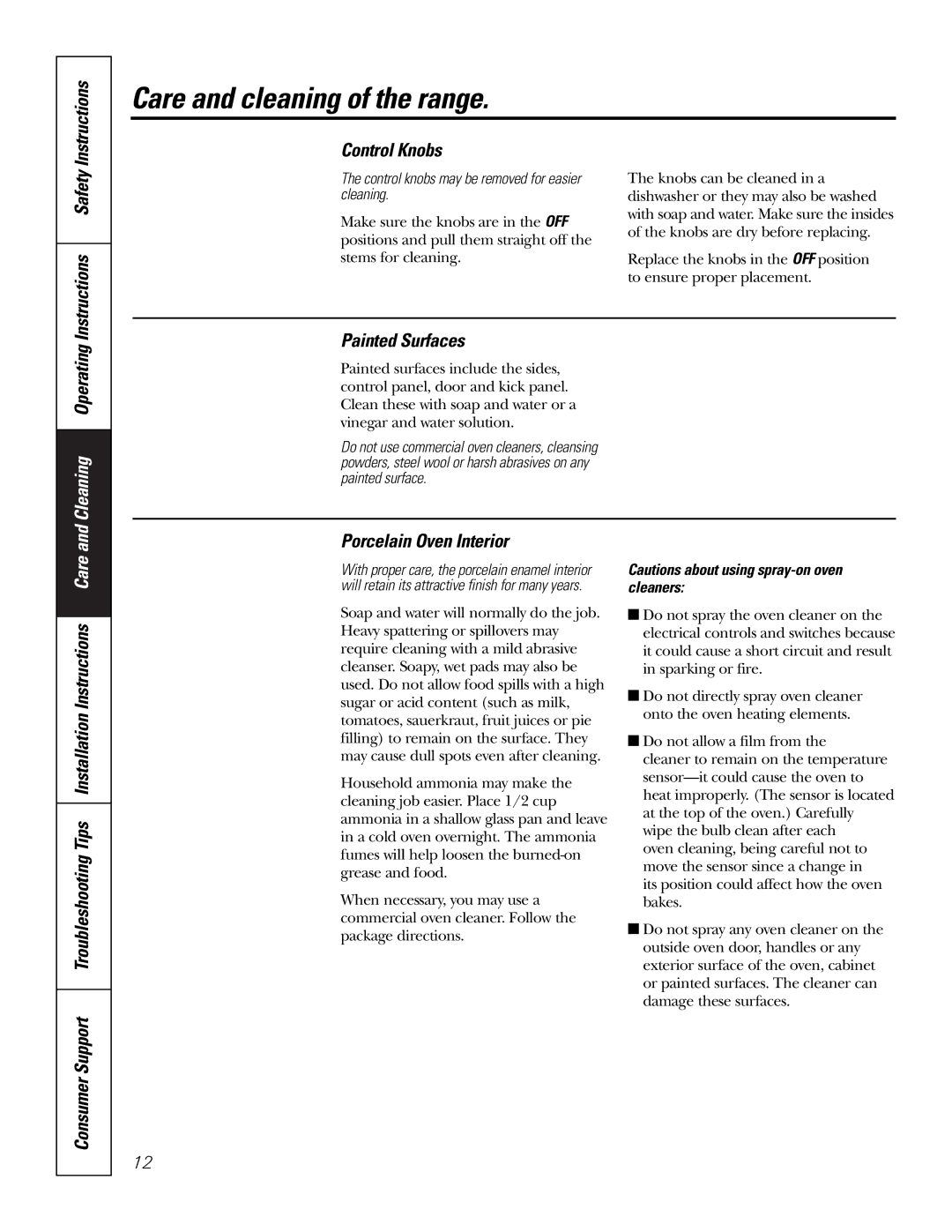 Hotpoint RA724, RA720 owner manual Instructions Safety Control Knobs, Painted Surfaces, Porcelain Oven Interior 